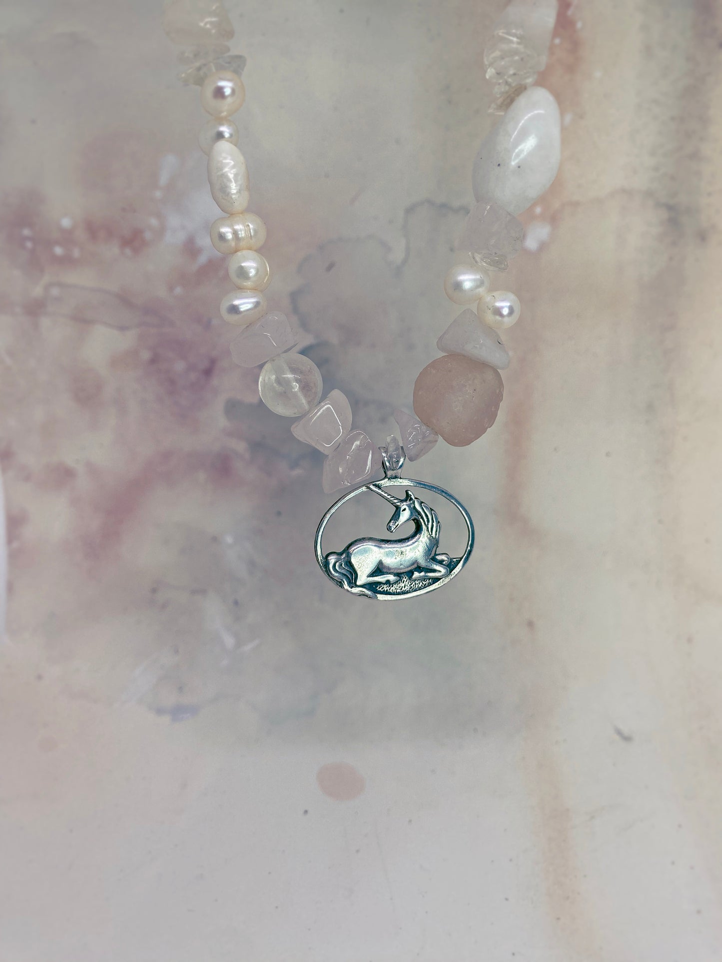resting unicorn with fresh water pearl, quartz and recycled glass