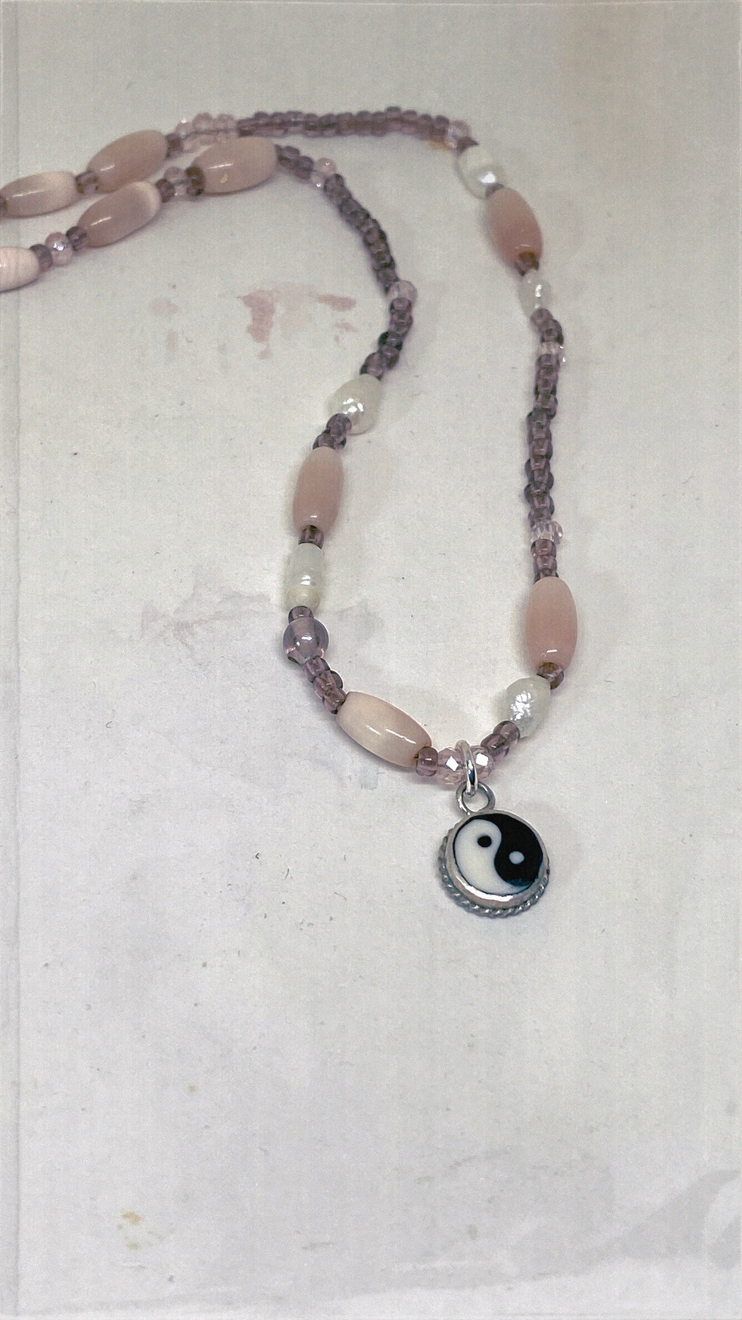 vintage silver enamel yin yang with moonglow lucite and freshwater pearl
