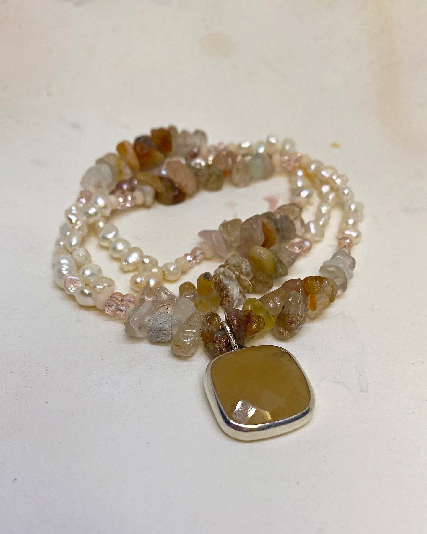 vintage faceted peach aventurine with freshwater pearls, sunstone, semiprecious rocks