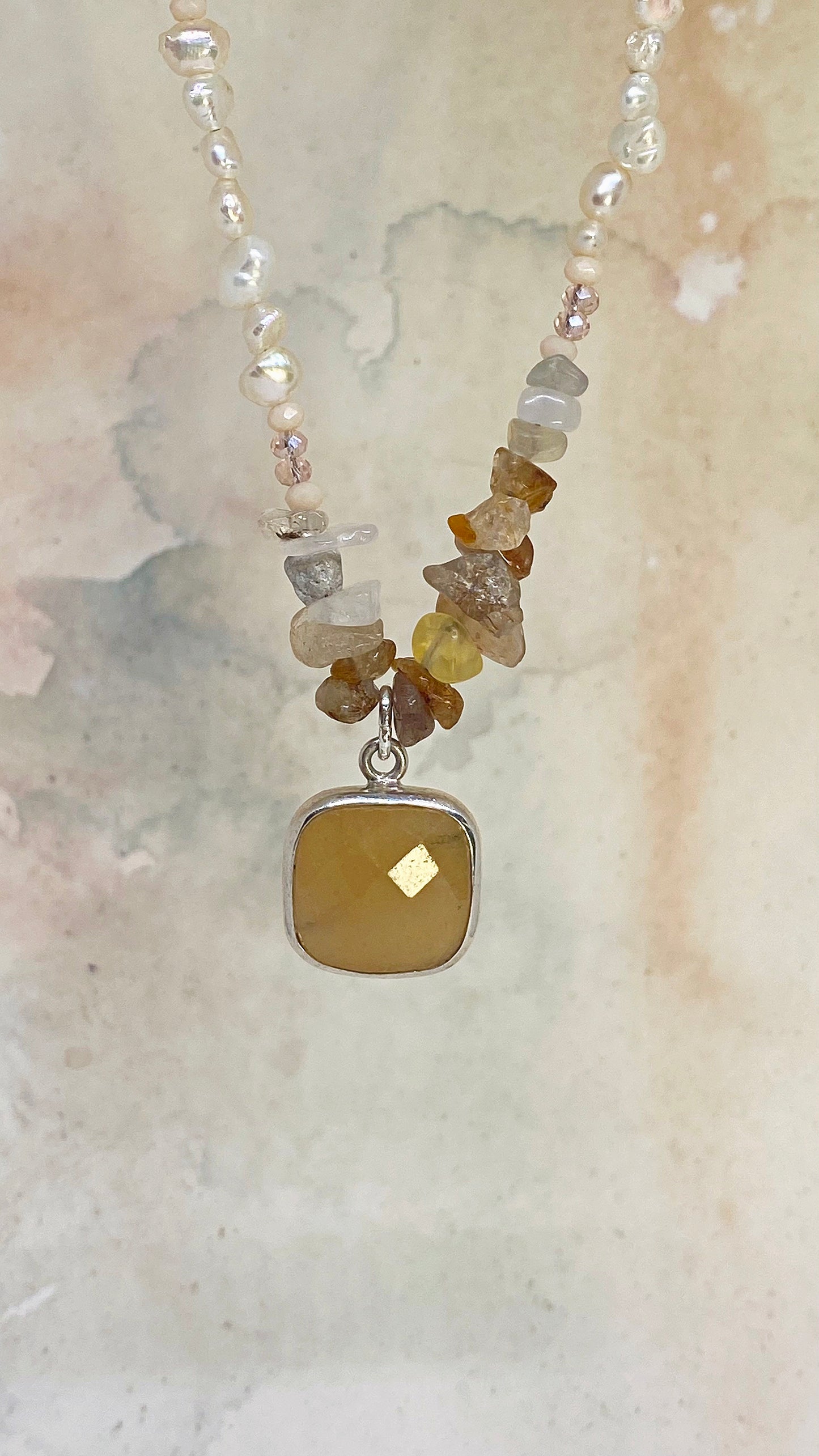 vintage faceted peach aventurine with freshwater pearls, sunstone, semiprecious rocks