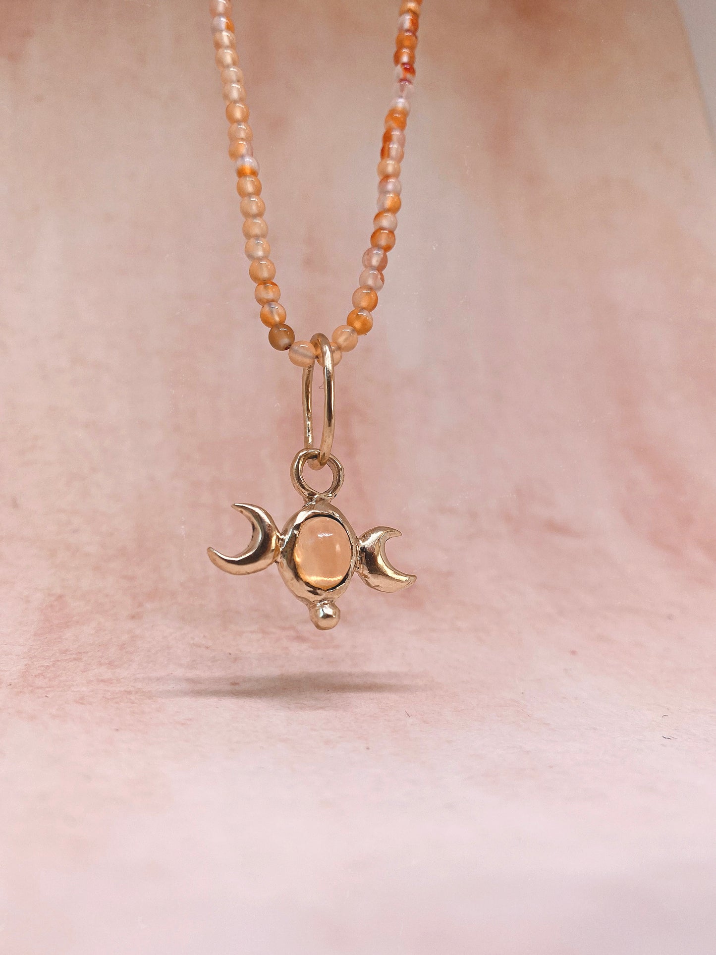 ꩜ volua ꩜ triple moon fire opal on gradient carnelian – unique fire opal and carnelian necklace, handcrafted artisan design, vibrant luxury golden brass