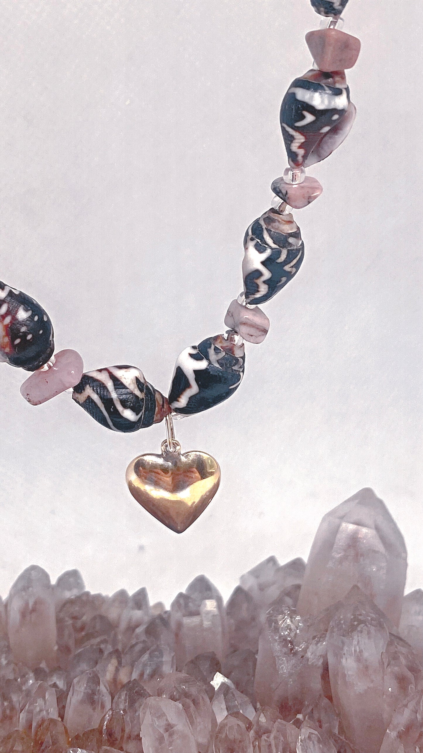 mottled mini shells and jasper with vintage gold plated silver heart