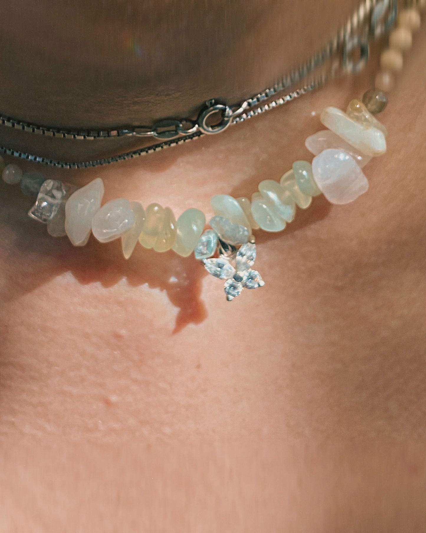 mini butterfly on jade, apatite, rose quartz gradient with howlite
