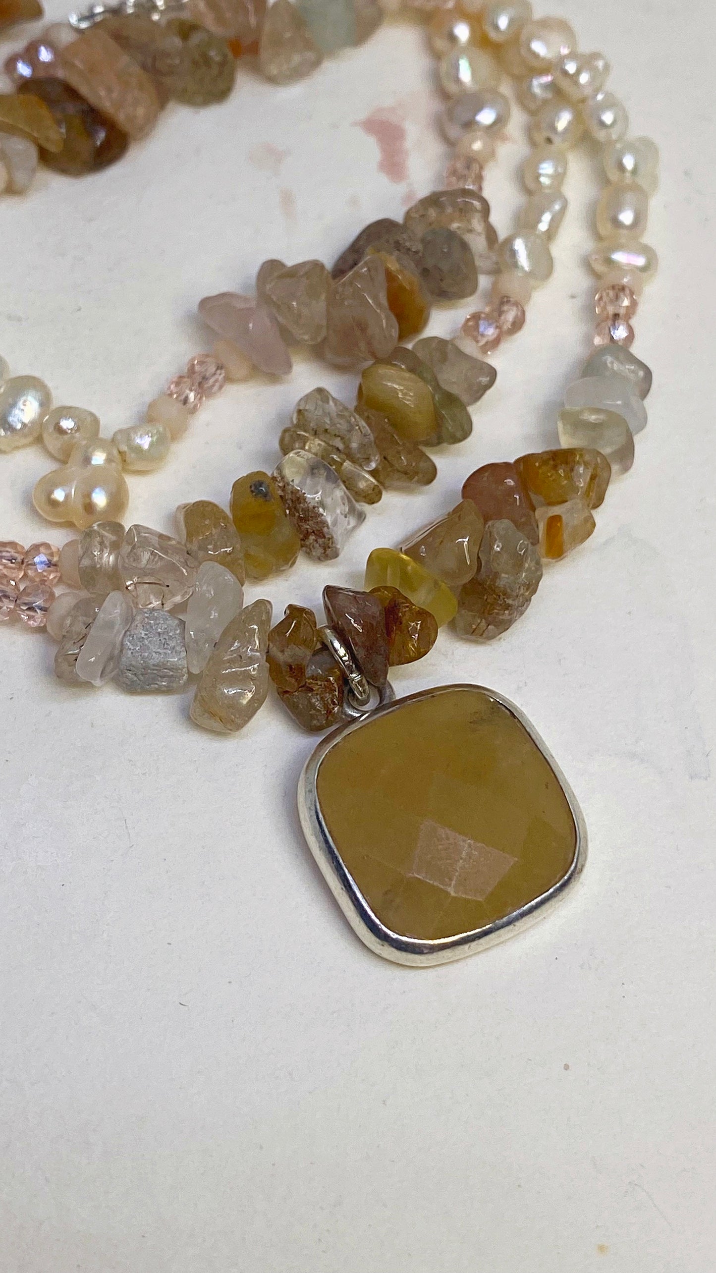 vintage faceted peach aventurine with freshwater pearls, sunstone, semiprecious rocks