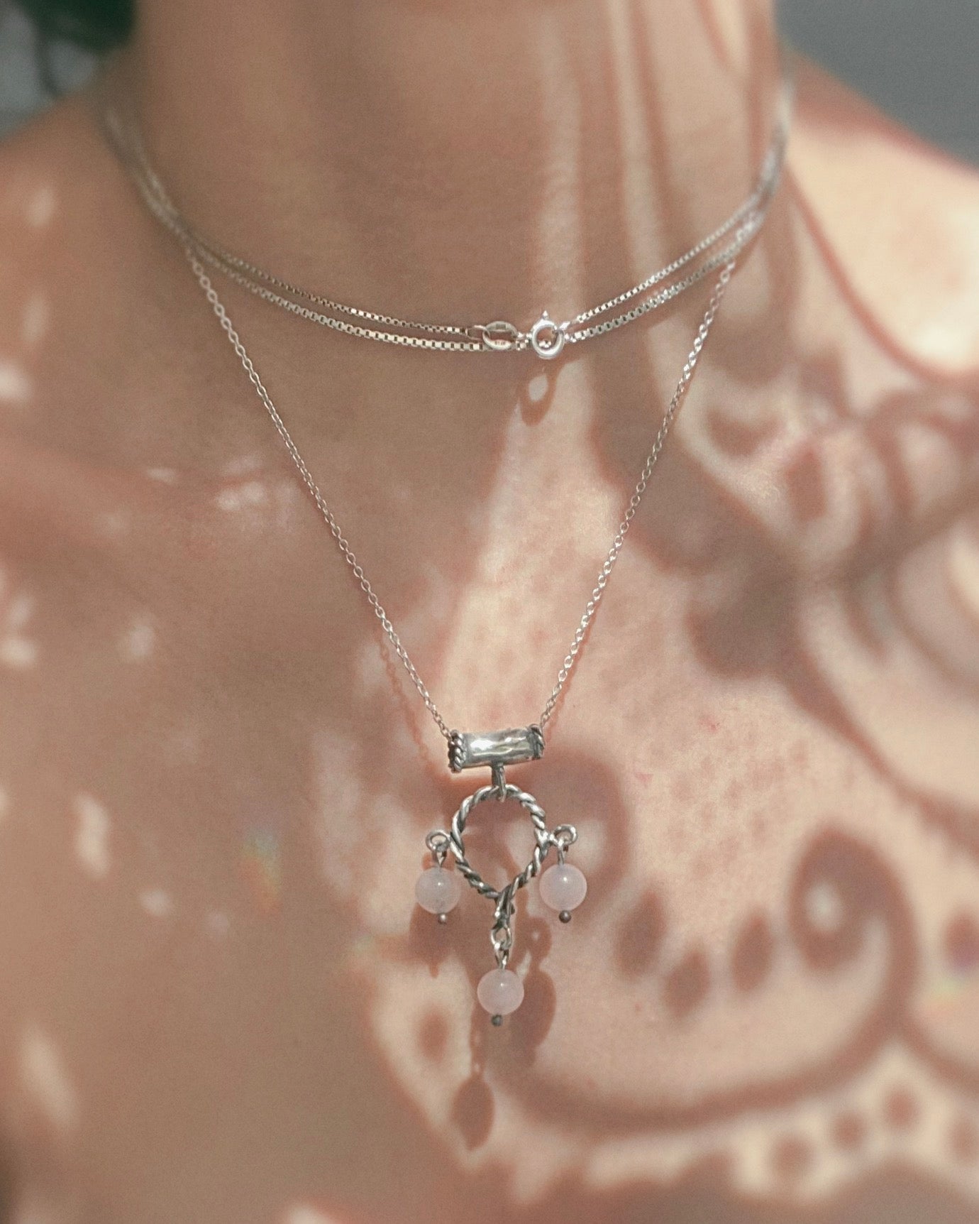 helix triple rose quartz silver pendant {door nox}