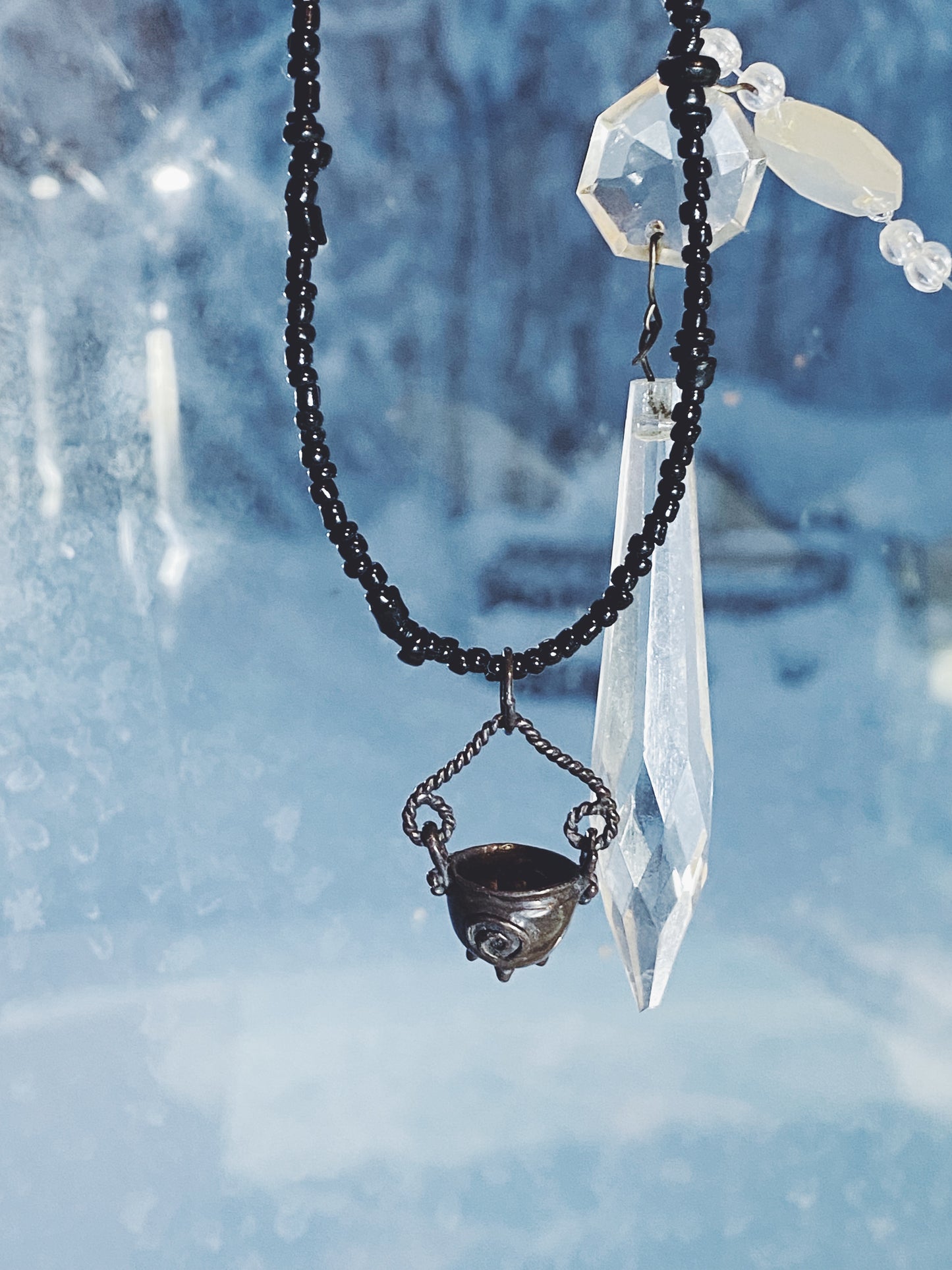 smoke obsidian // blackened silver cauldron on beaded string