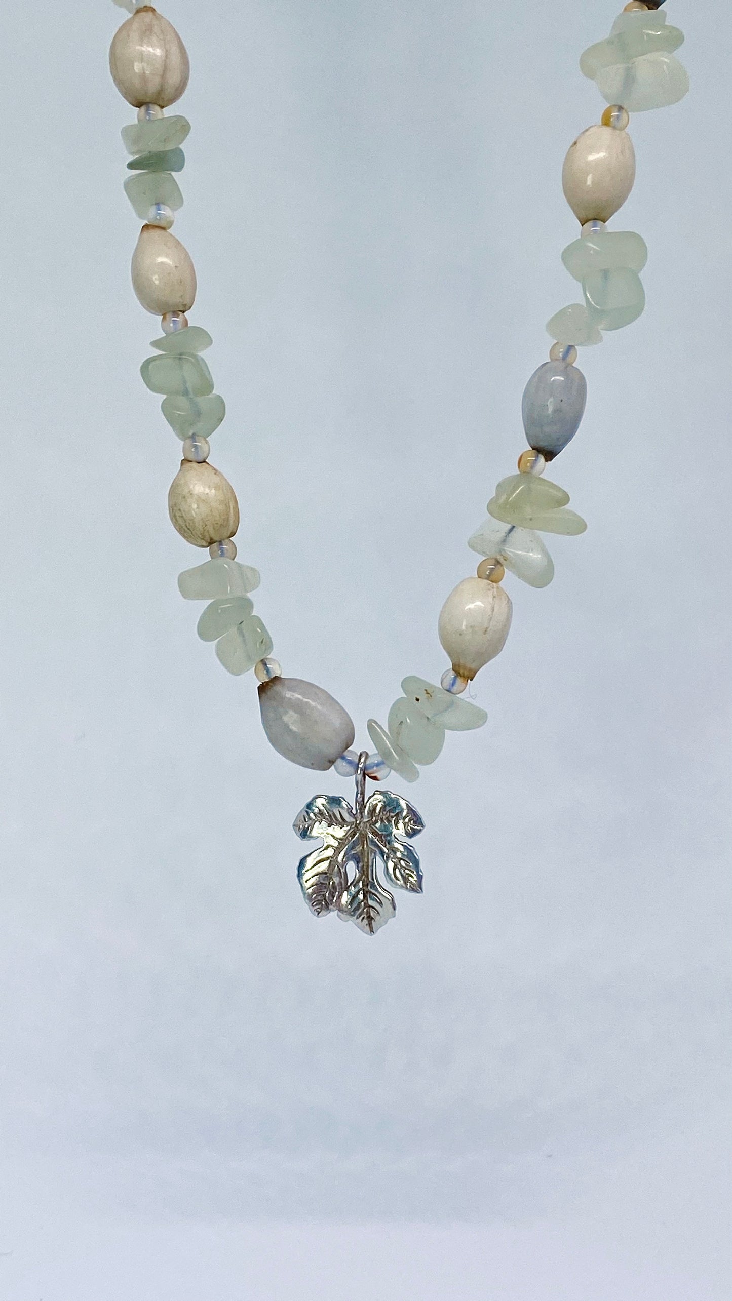 vintage grape leaf on jade, carnelian and job’s tear strand