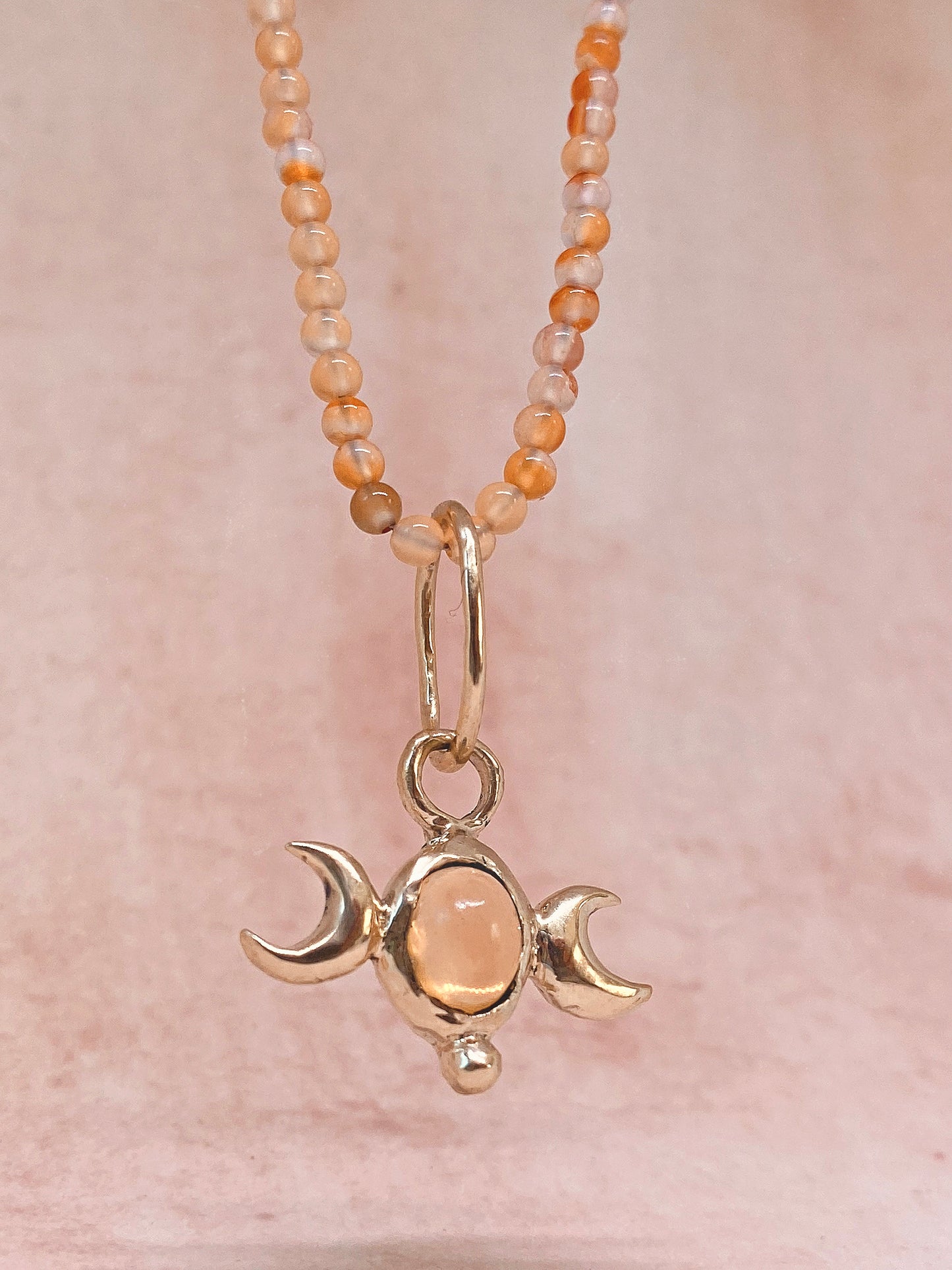 ꩜ volua ꩜ triple moon fire opal on gradient carnelian – unique fire opal and carnelian necklace, handcrafted artisan design, vibrant luxury golden brass