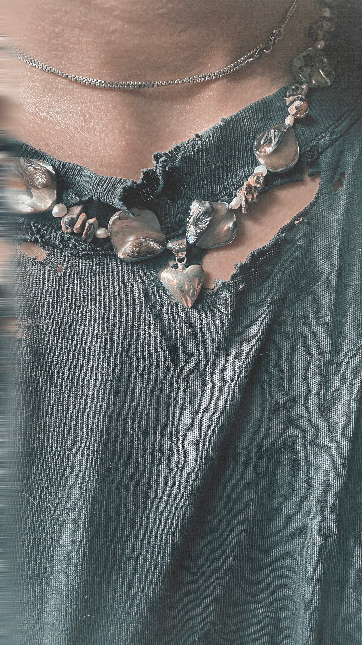 vintage silver heart on seashell, fresh water pearl and leopard jasper