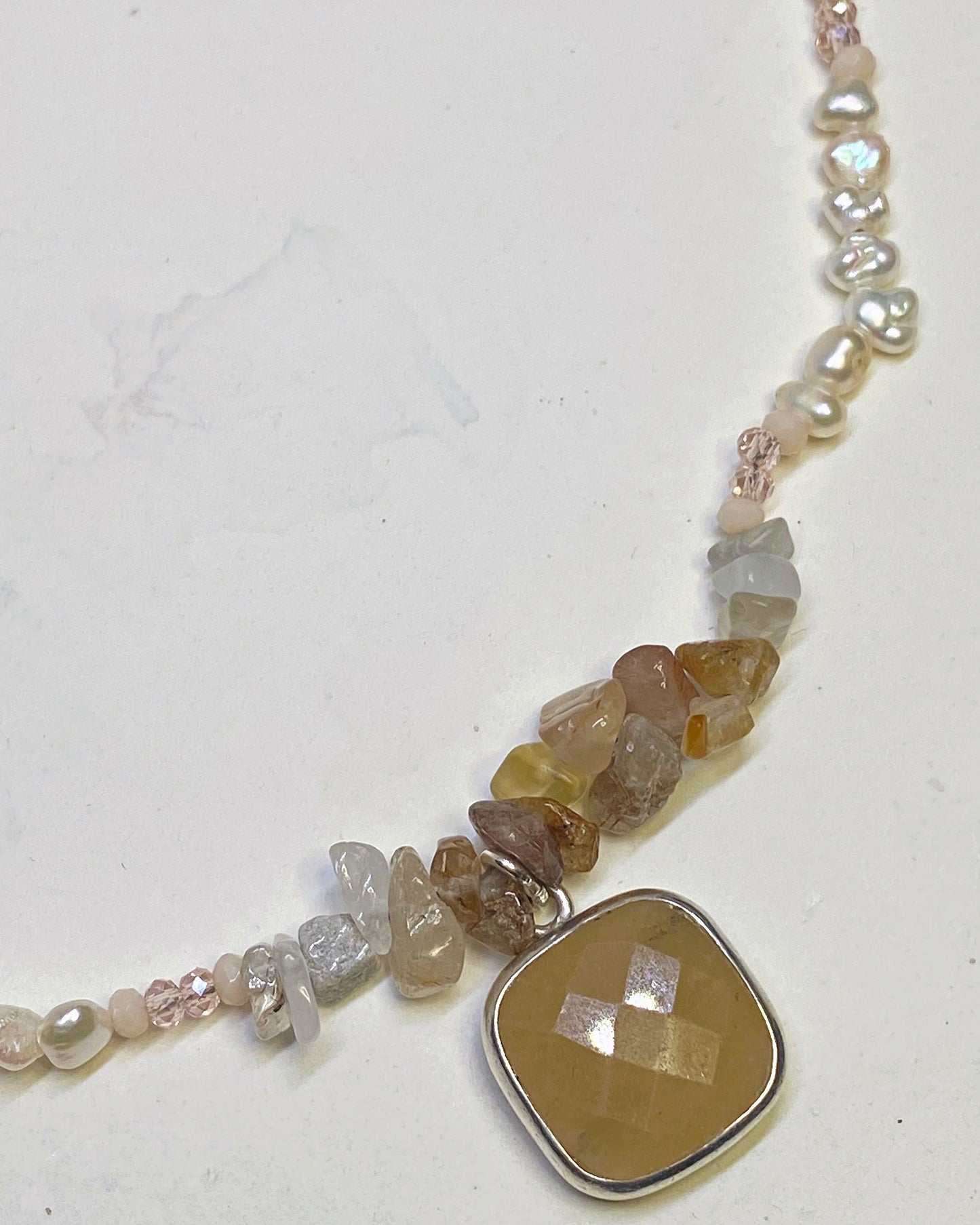 vintage faceted peach aventurine with freshwater pearls, sunstone, semiprecious rocks