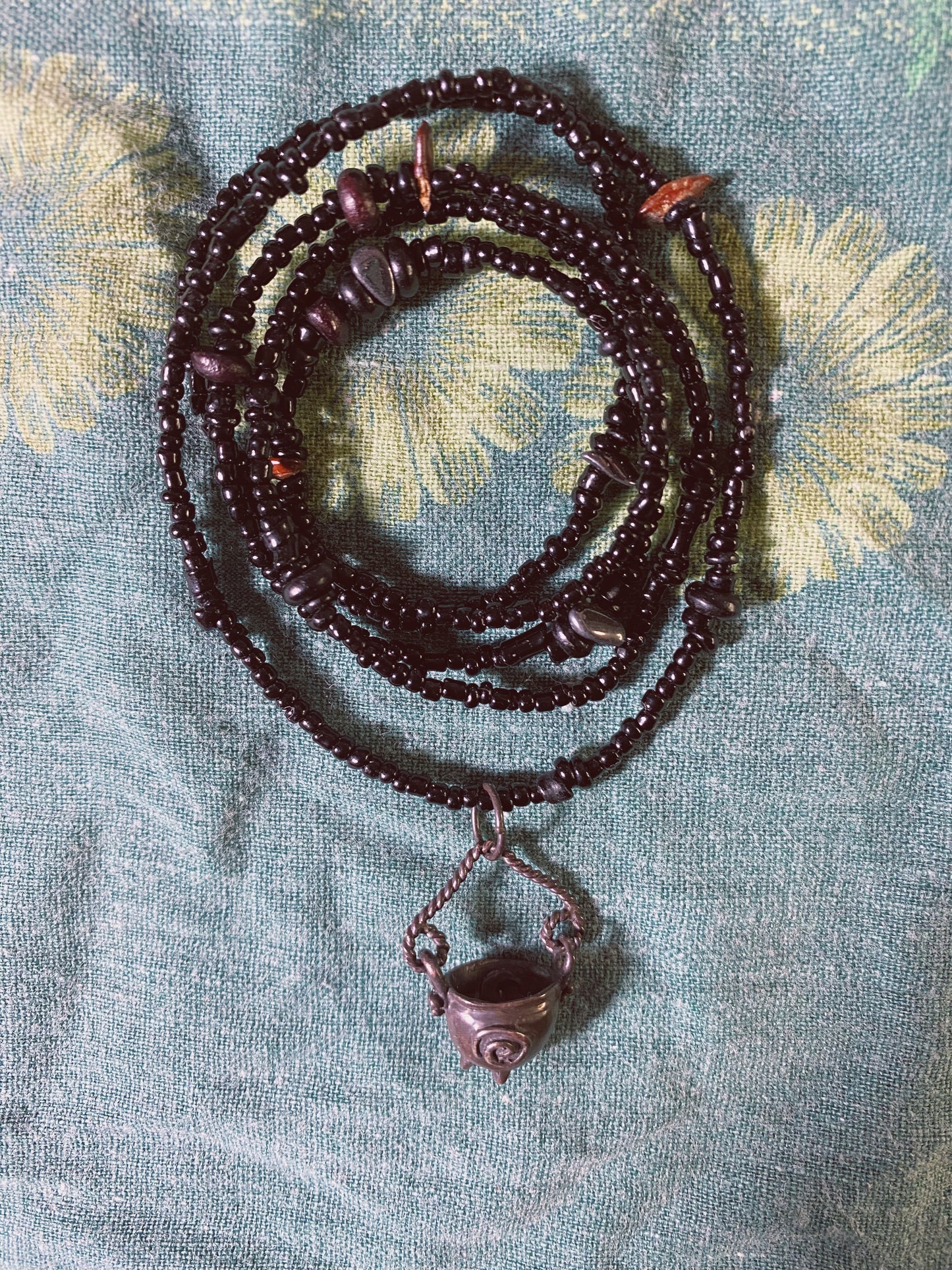 smoke obsidian // blackened silver cauldron on beaded string