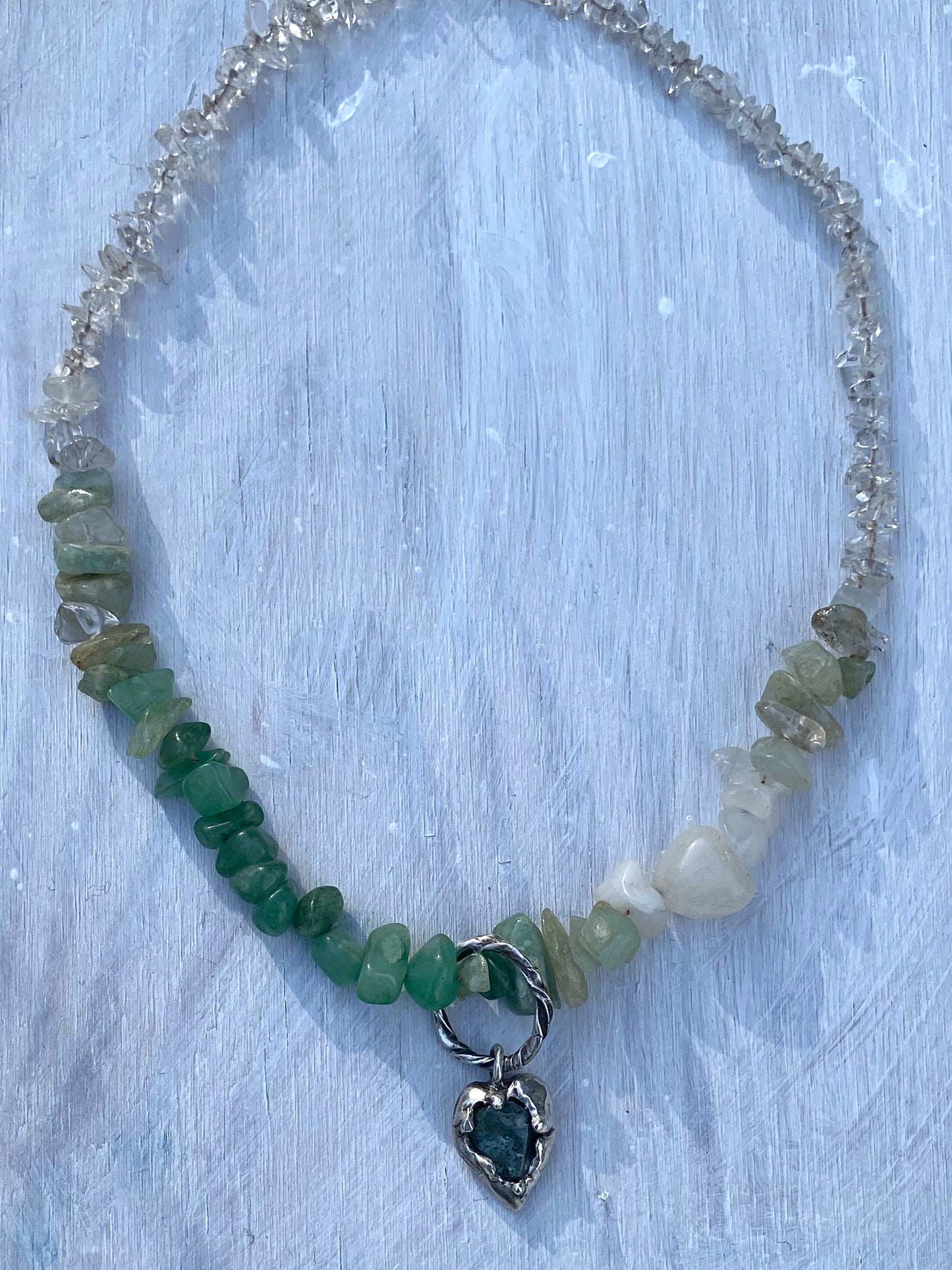꩜ volua ꩜ moss agate rainfall heart on gemstone gradient strand – handmade moss agate heart necklace with recycled silver and ethical stones, unique artisan gift
