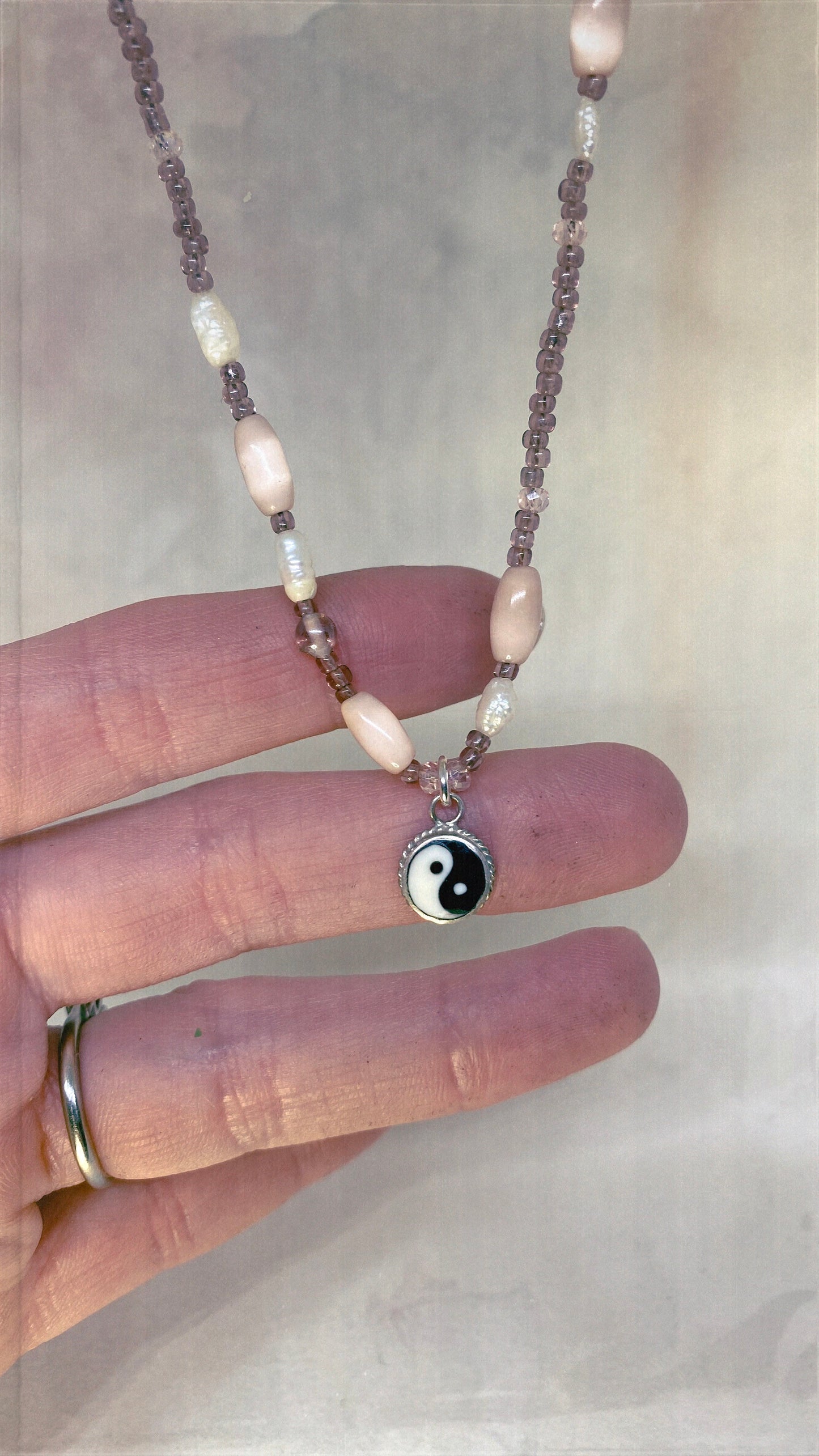 vintage silver enamel yin yang with moonglow lucite and freshwater pearl