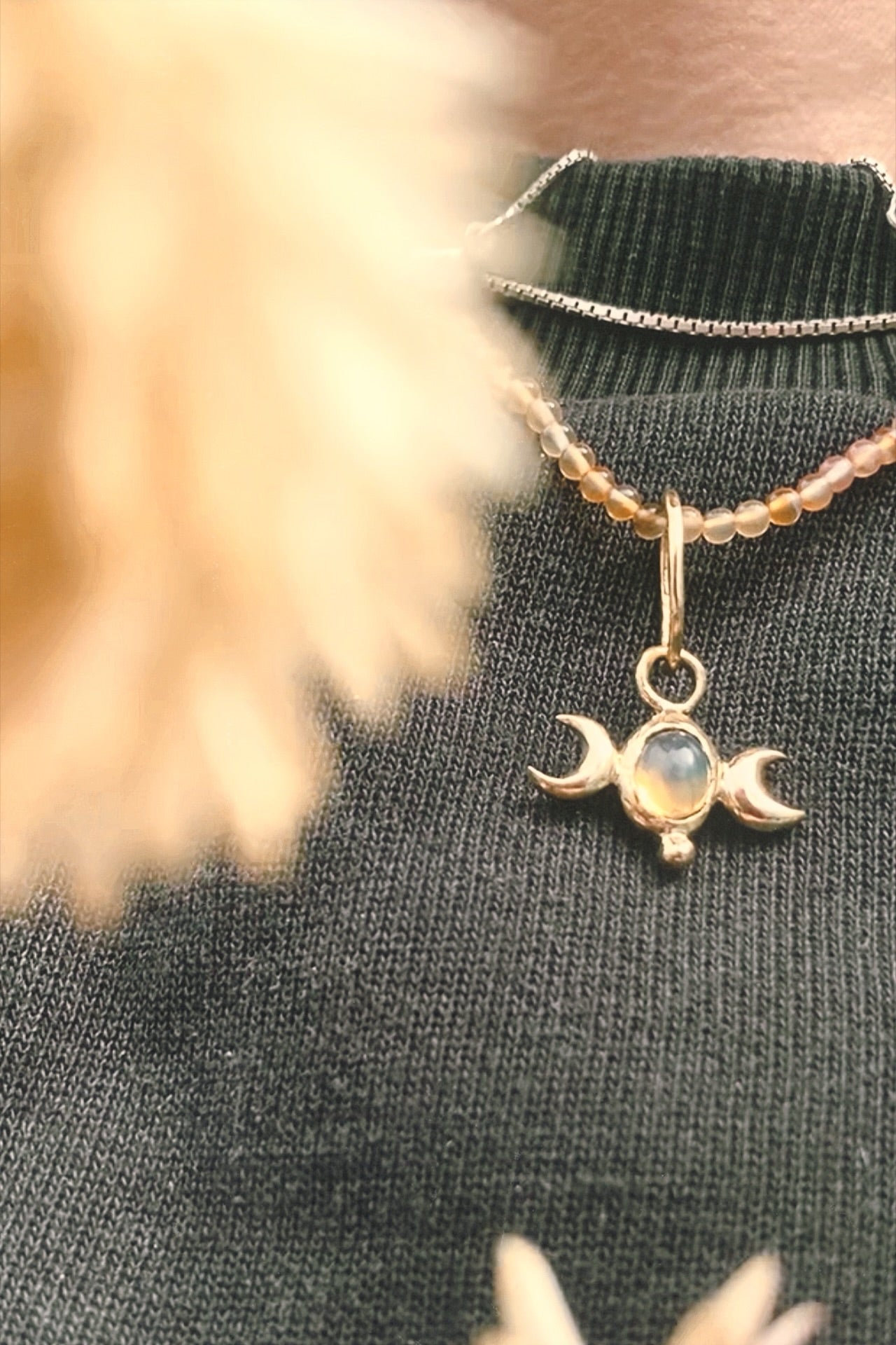 ꩜ volua ꩜ triple moon fire opal on gradient carnelian – unique fire opal and carnelian necklace, handcrafted artisan design, vibrant luxury golden brass