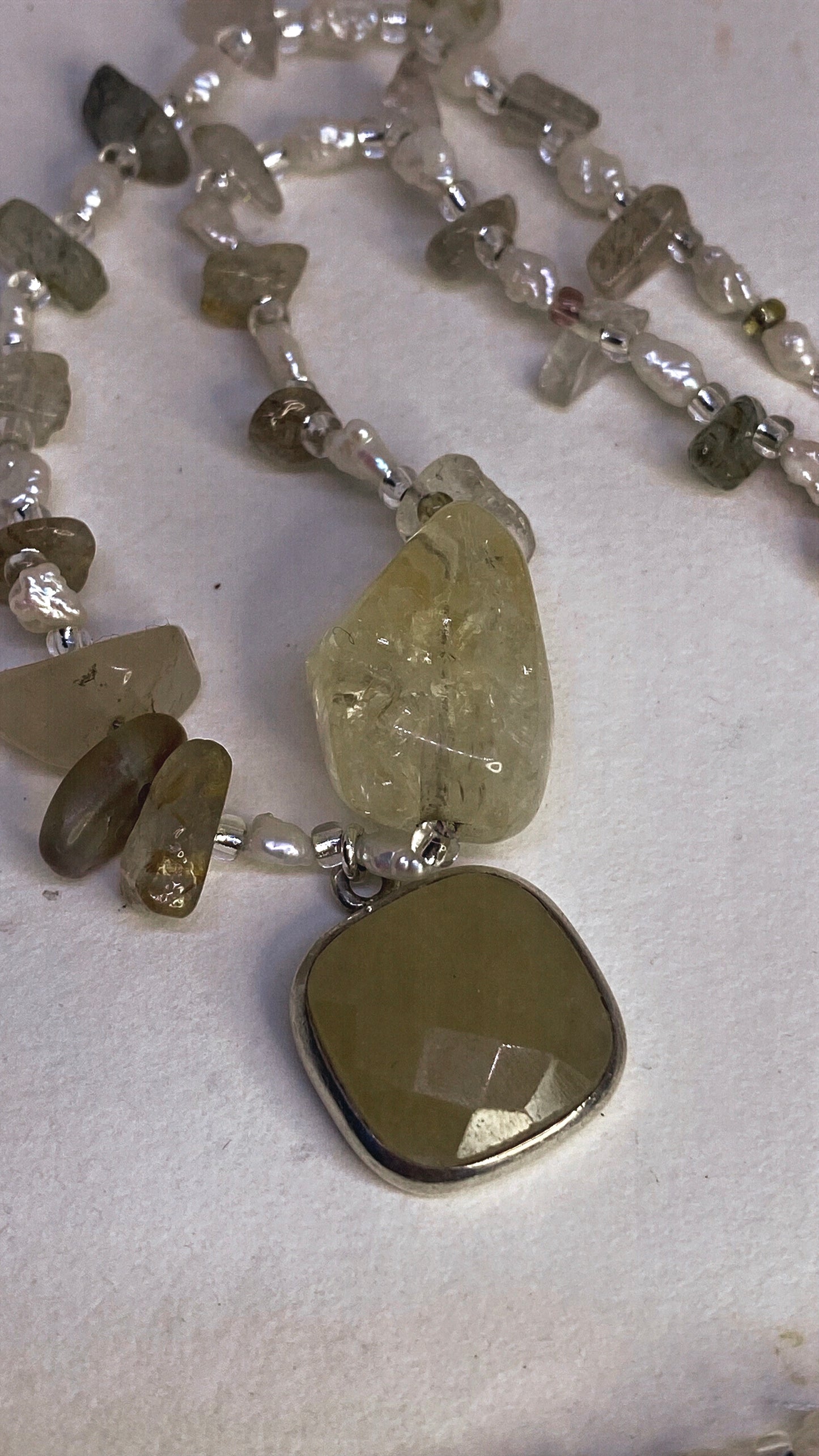 vintage silver faceted peach aventurine on citrine, smoky quartz, freshwater pearl