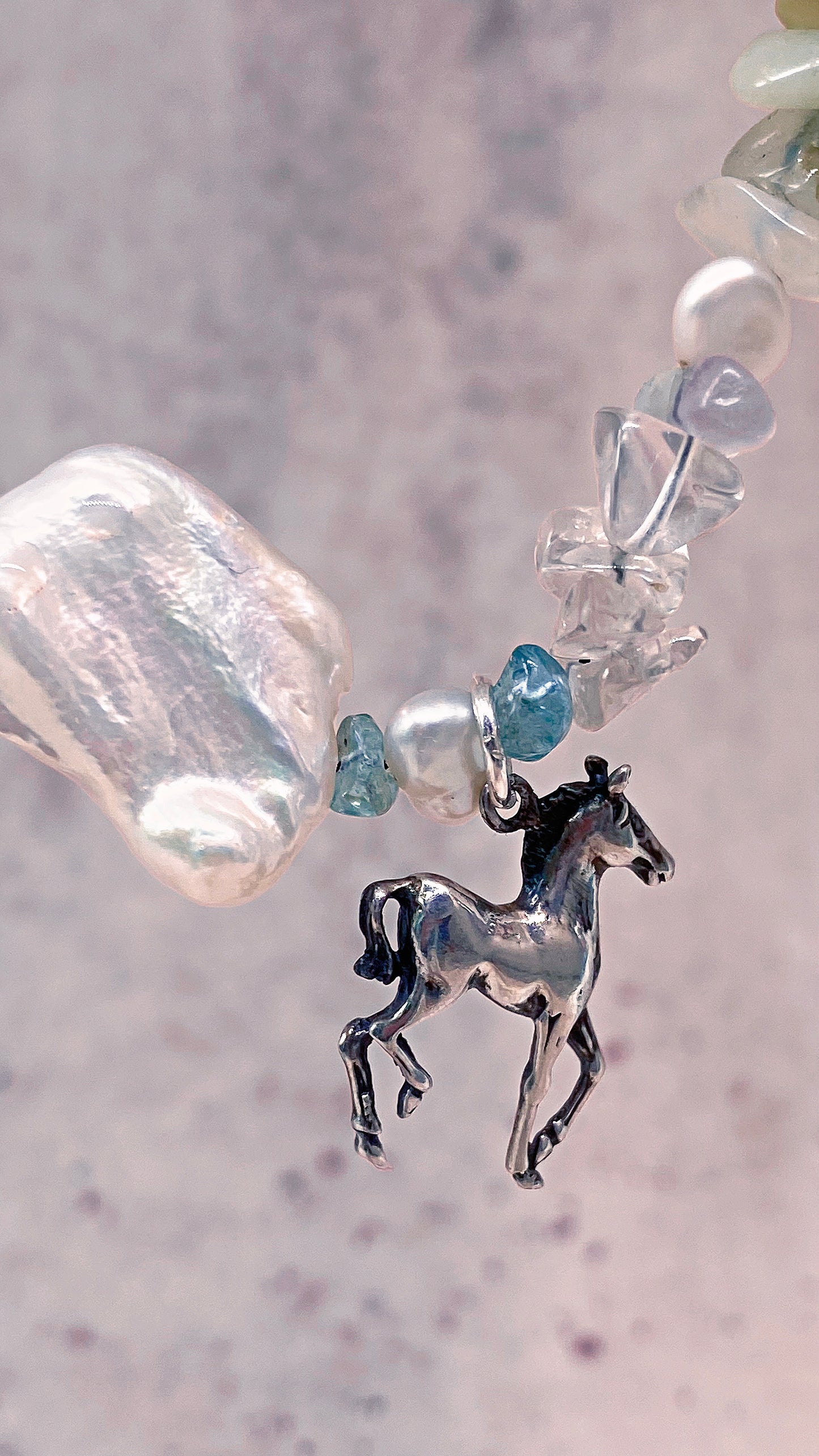 mermaid's pony, mini horse silver pendant on fresh water pearl and quartz variations