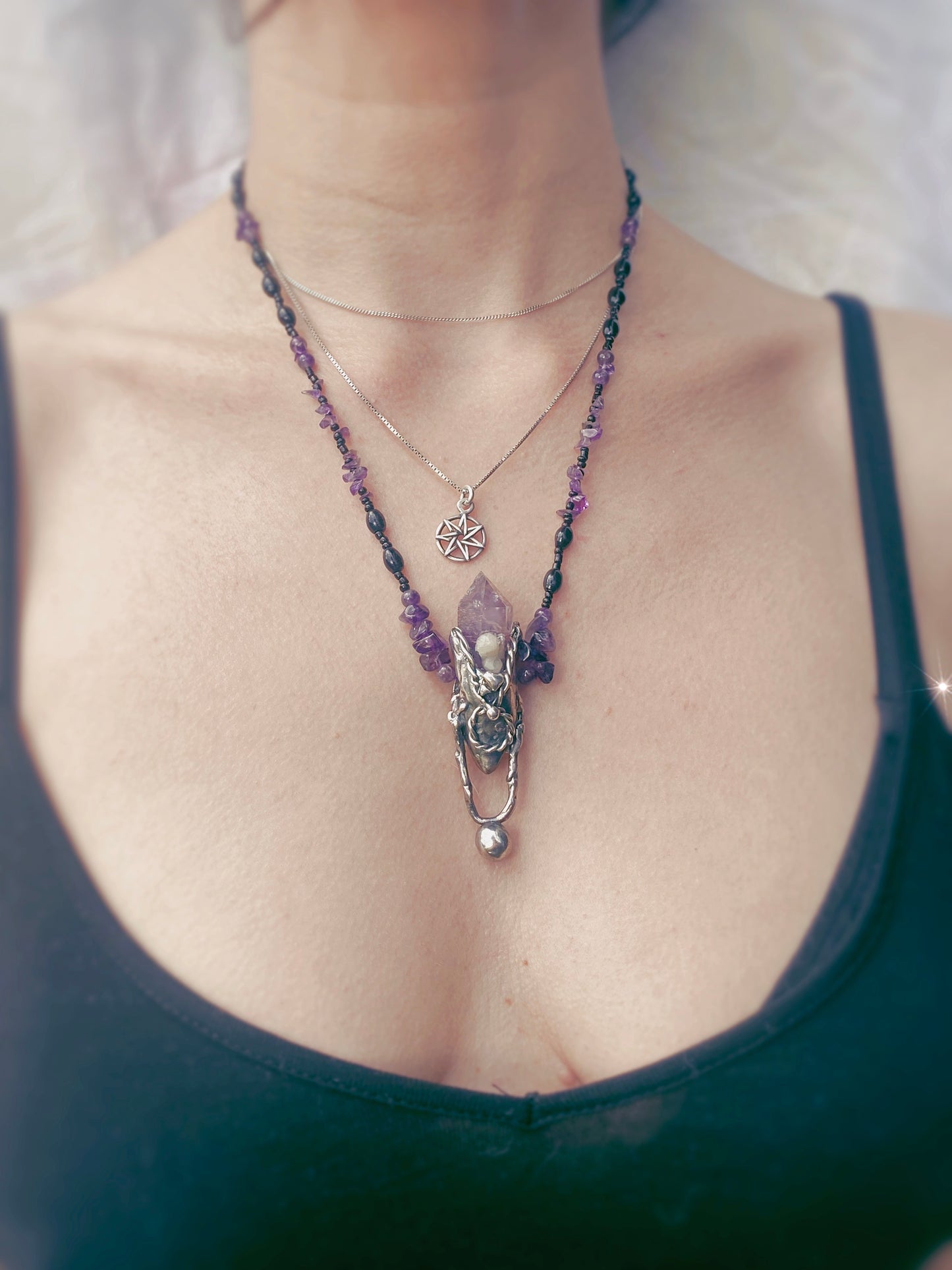 ꩜ volua talisman ꩜ amethyst pendulum on mineral and lava aroma bead strand