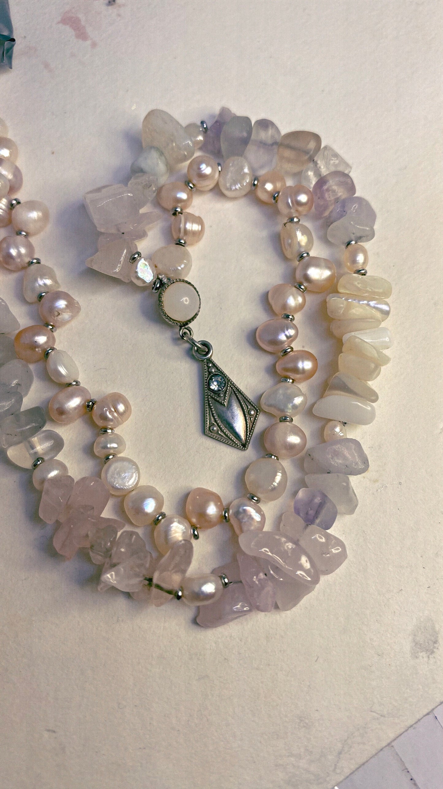 vintage art nouveau silver pendant on half and half freshwater and crystal strand