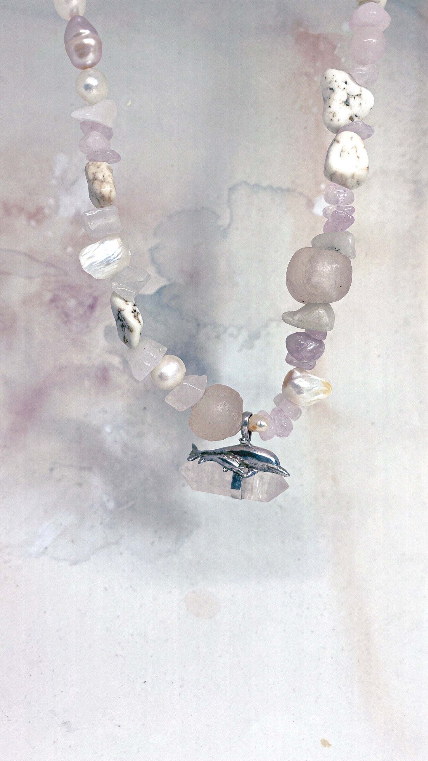 vintage silver dolphin mother and child pair with rose quartz on chunky, organic strand