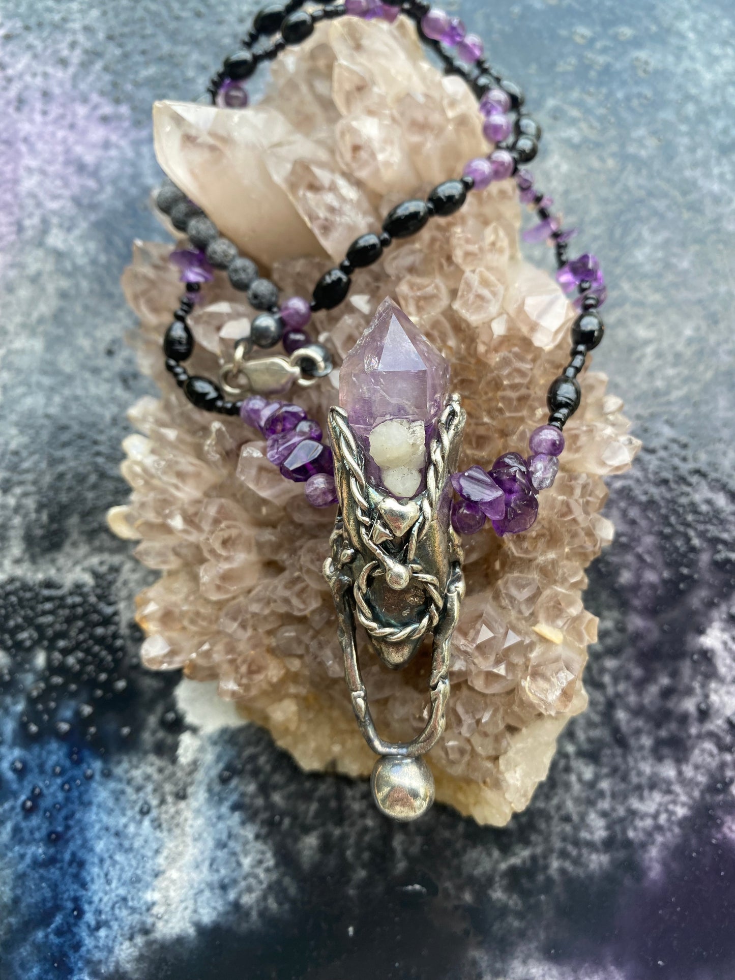 ꩜ volua talisman ꩜ amethyst pendulum on mineral and lava aroma bead strand