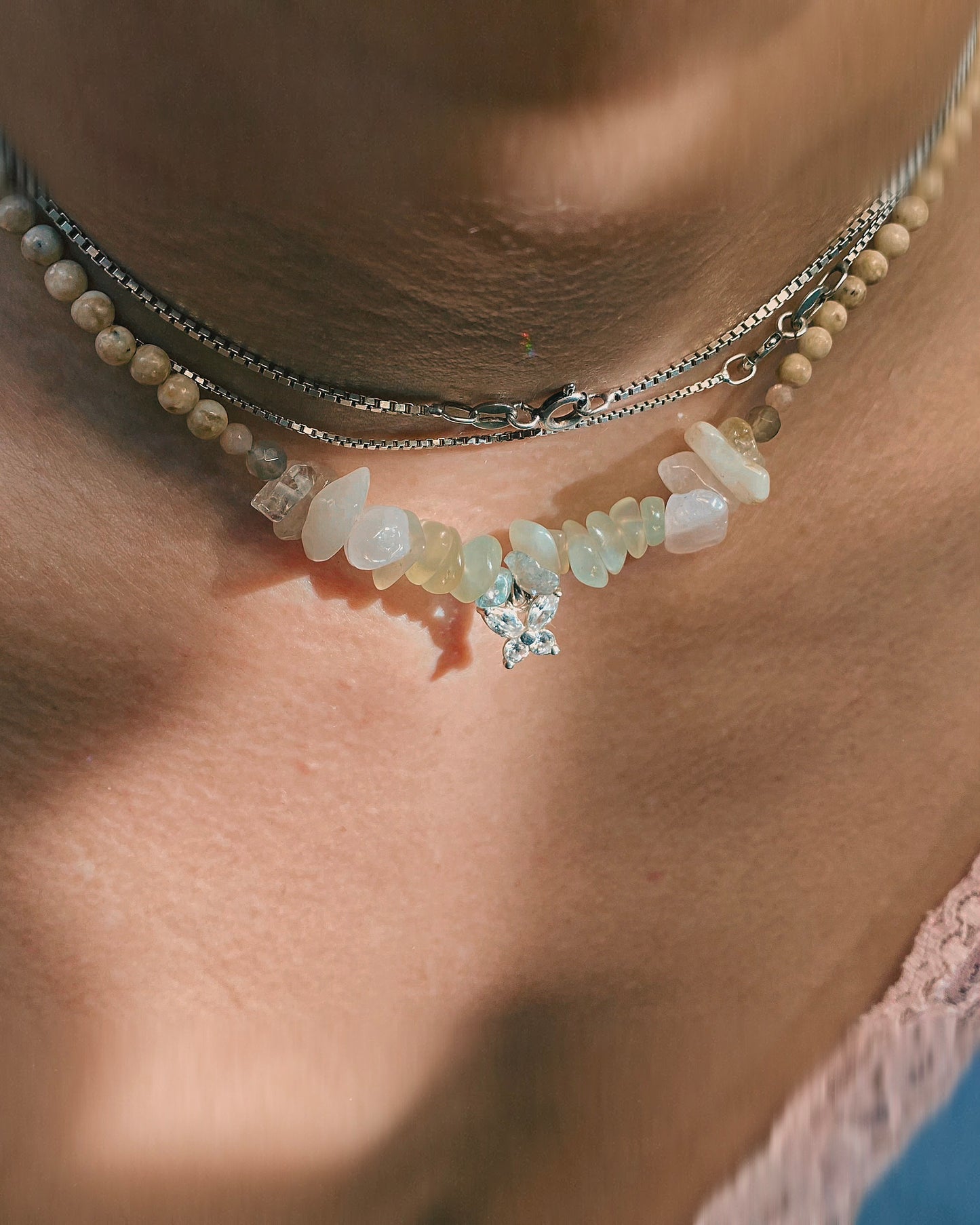 mini butterfly on jade, apatite, rose quartz gradient with howlite