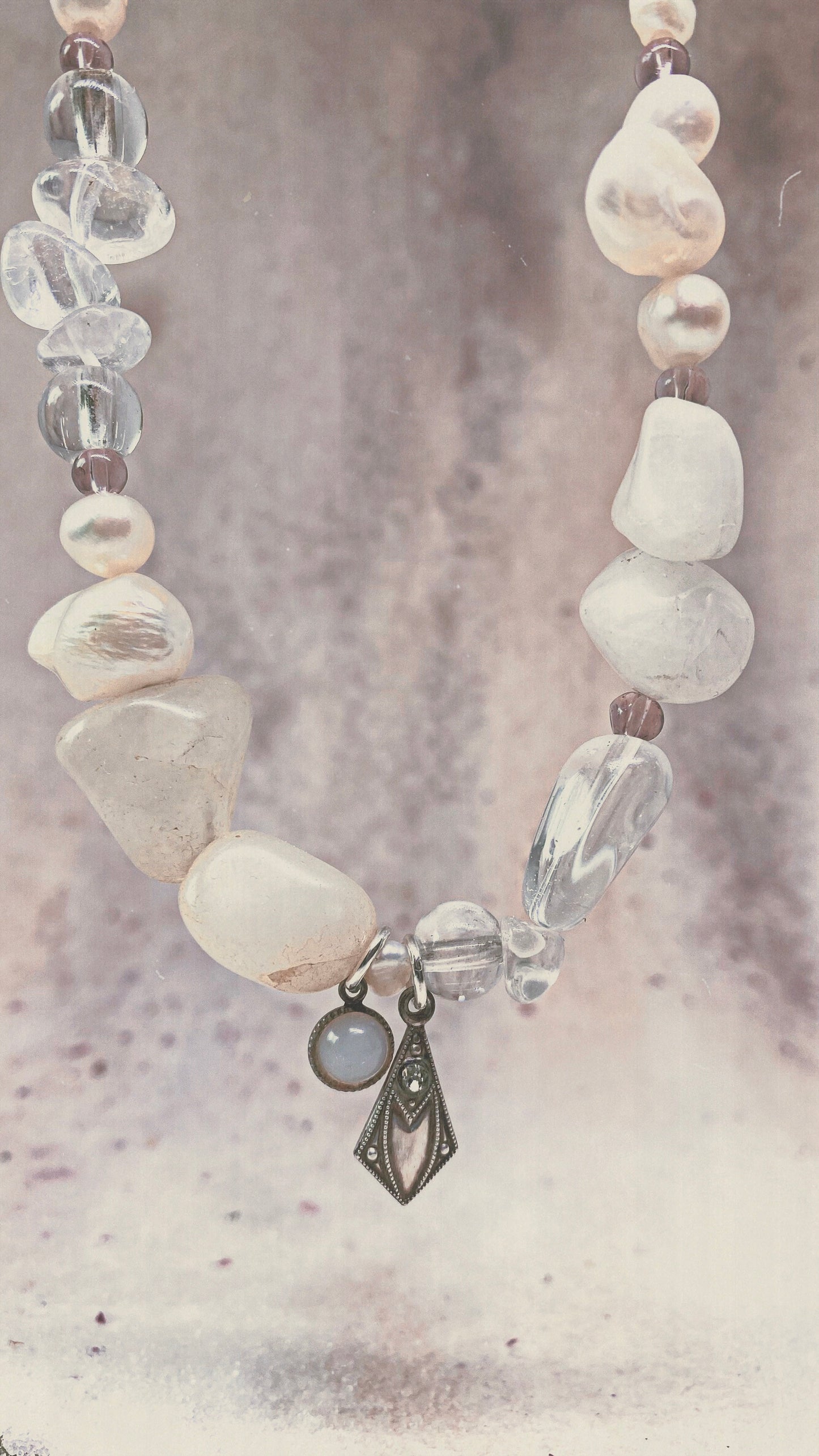 milky moonstone and vintage art noveau mini pendants on chunky pearl and gemstone strand