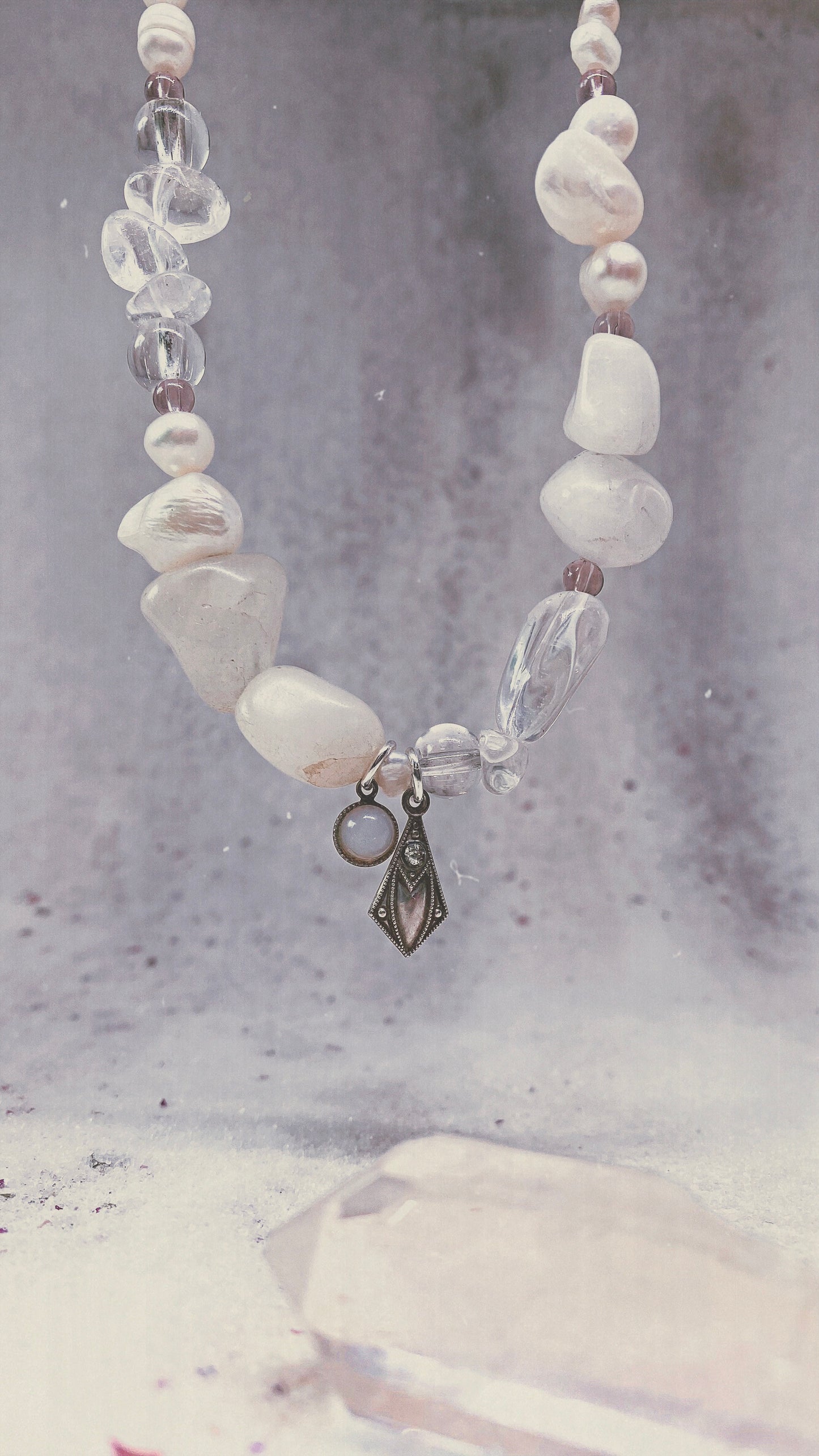 milky moonstone and vintage art noveau mini pendants on chunky pearl and gemstone strand