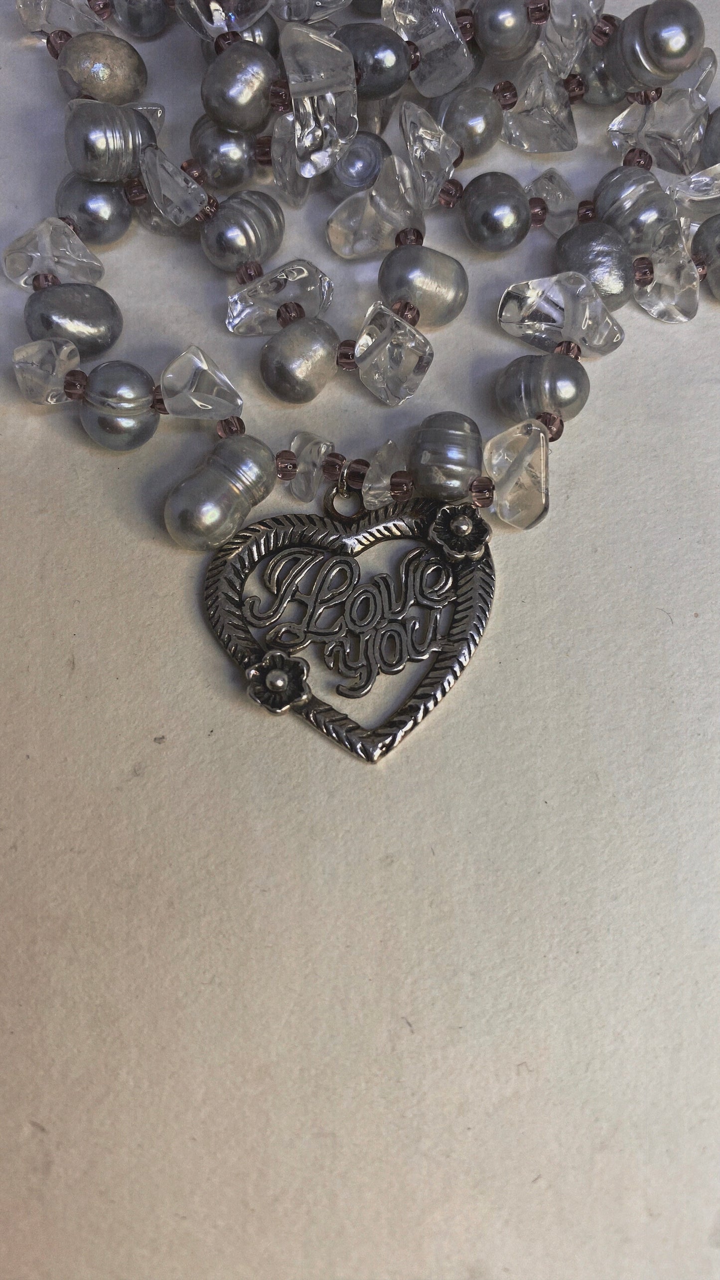 vintage 'i love you' silver heart on pearl and crystal