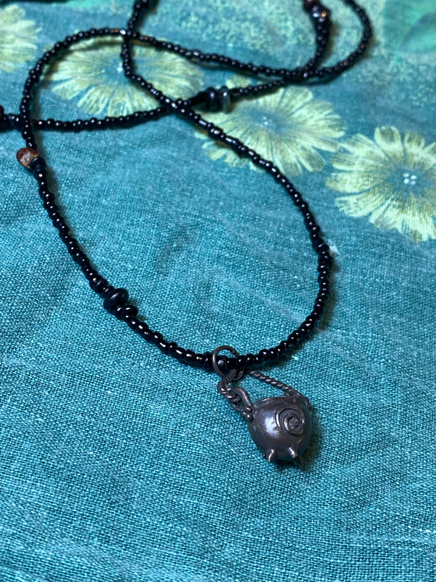 smoke obsidian // blackened silver cauldron on beaded string