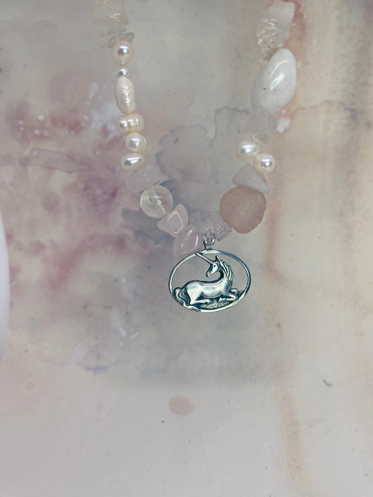 resting unicorn with fresh water pearl, quartz and recycled glass