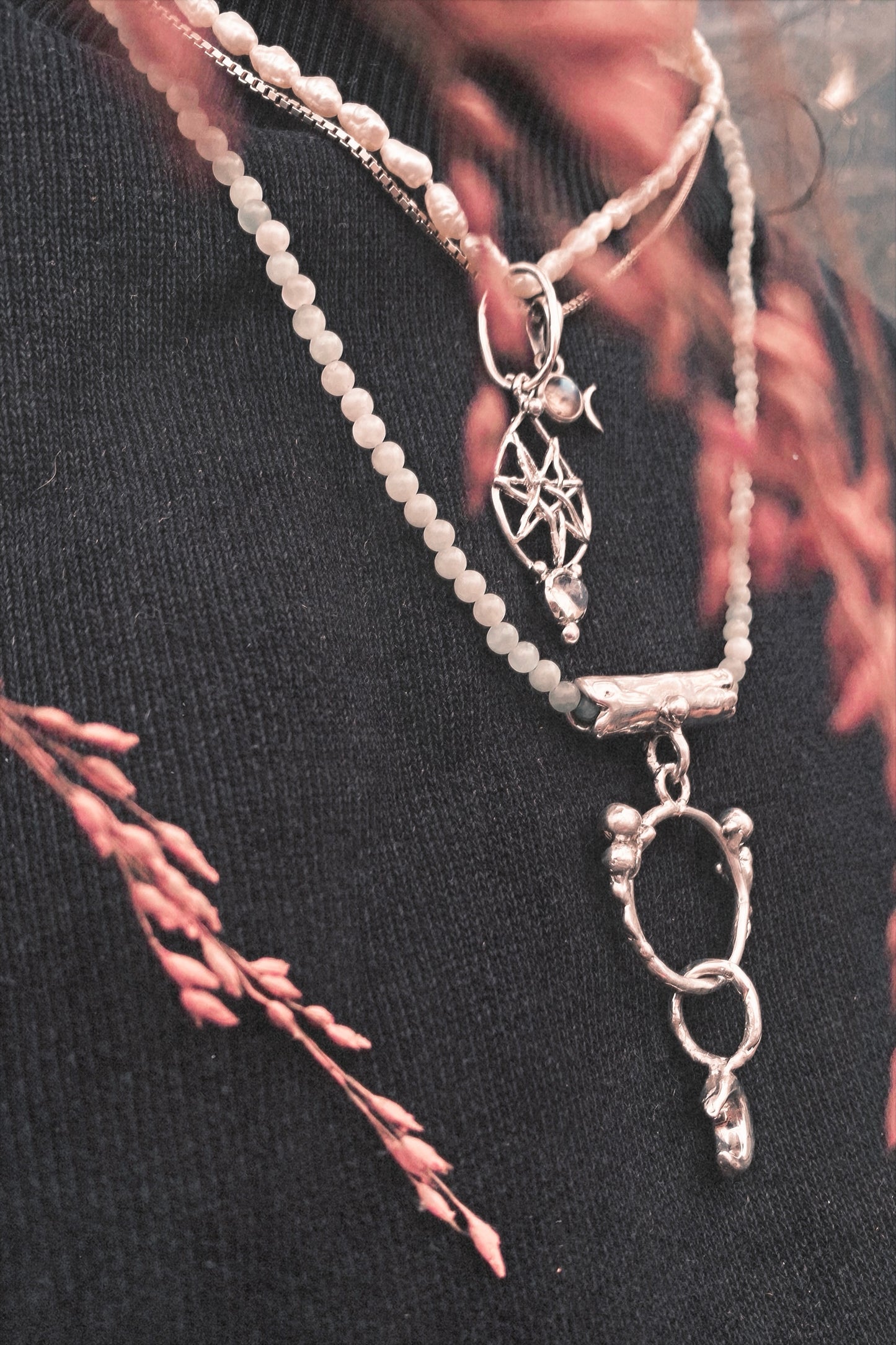 enter lunaria triple piece silver pendant {door nox} – one-of-a-kind moon motif pendant, handcrafted artisan jewellery, celestial luxury heirloom gift