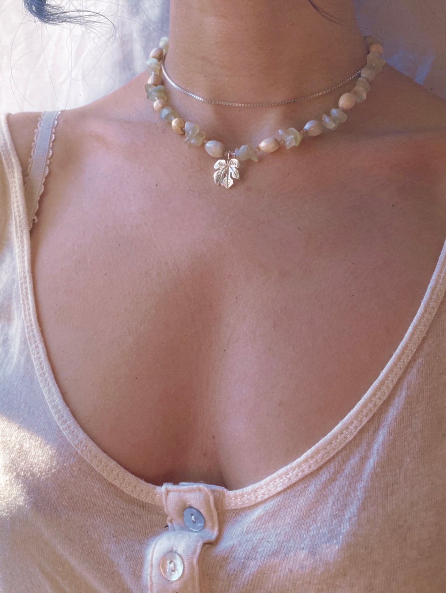 vintage grape leaf on jade, carnelian and job’s tear strand