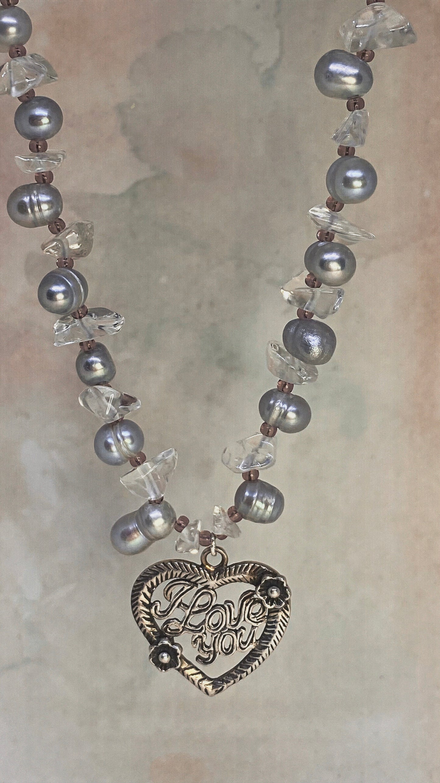 vintage 'i love you' silver heart on pearl and crystal