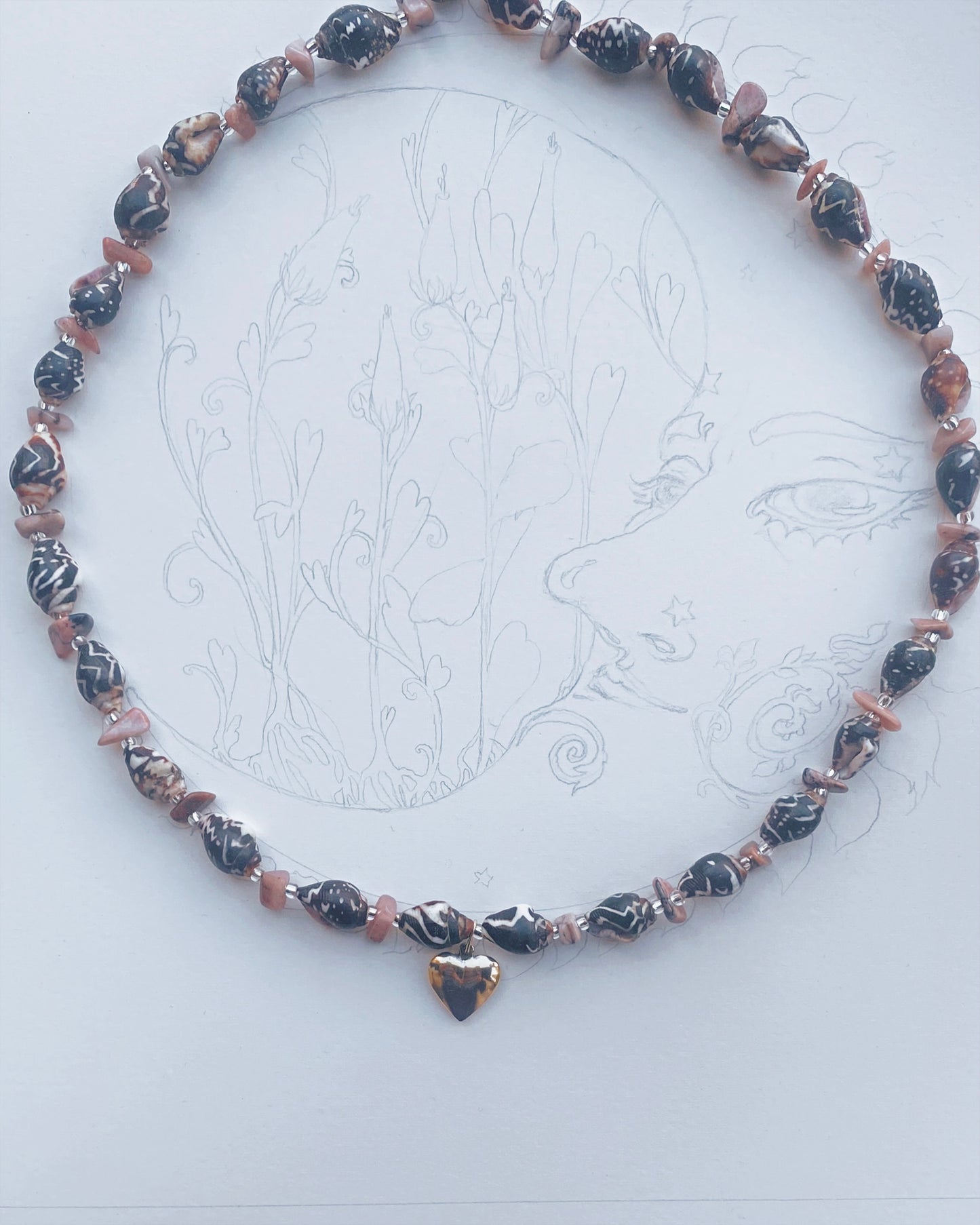 mottled mini shells and jasper with vintage gold plated silver heart