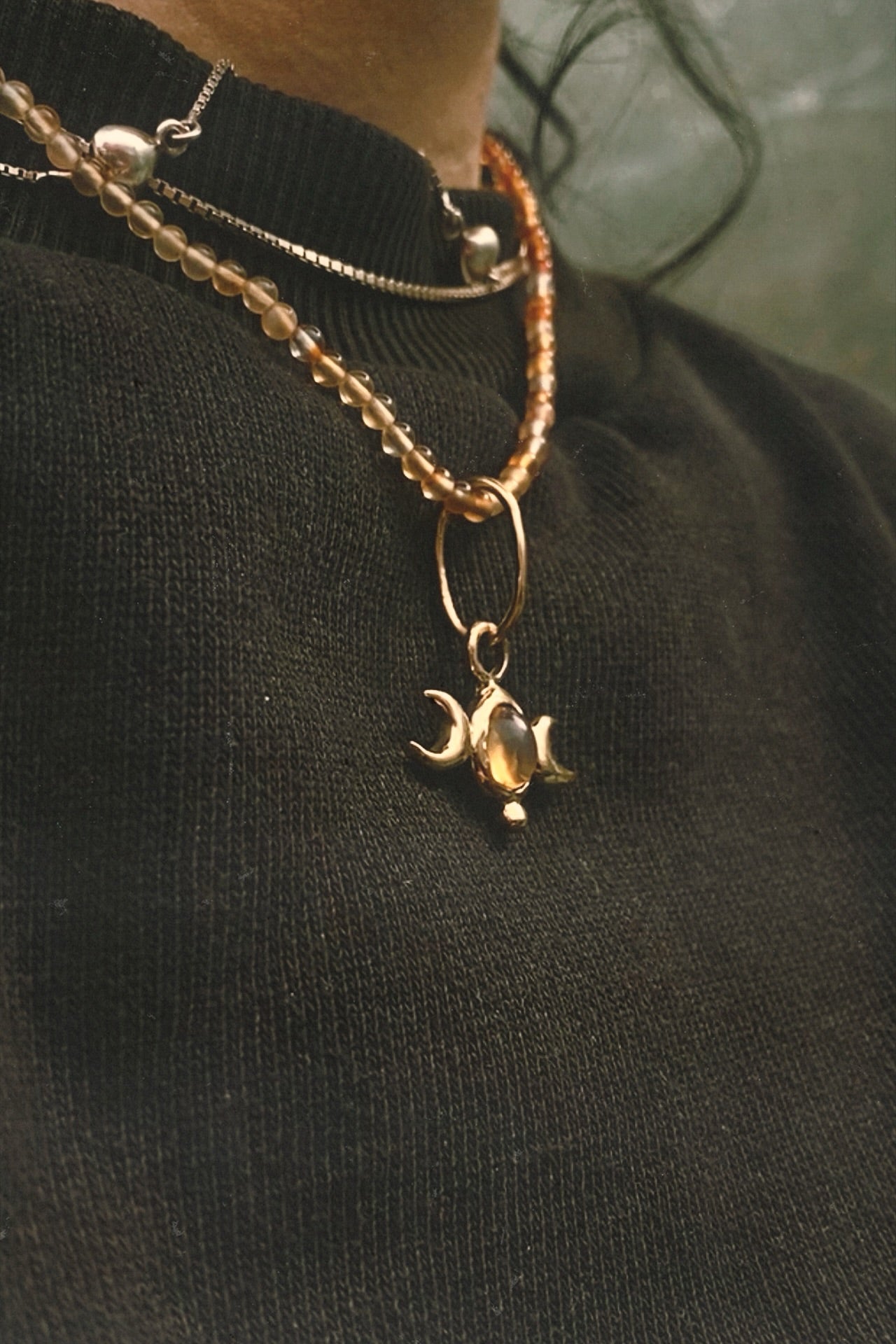 ꩜ volua ꩜ triple moon fire opal on gradient carnelian – unique fire opal and carnelian necklace, handcrafted artisan design, vibrant luxury golden brass