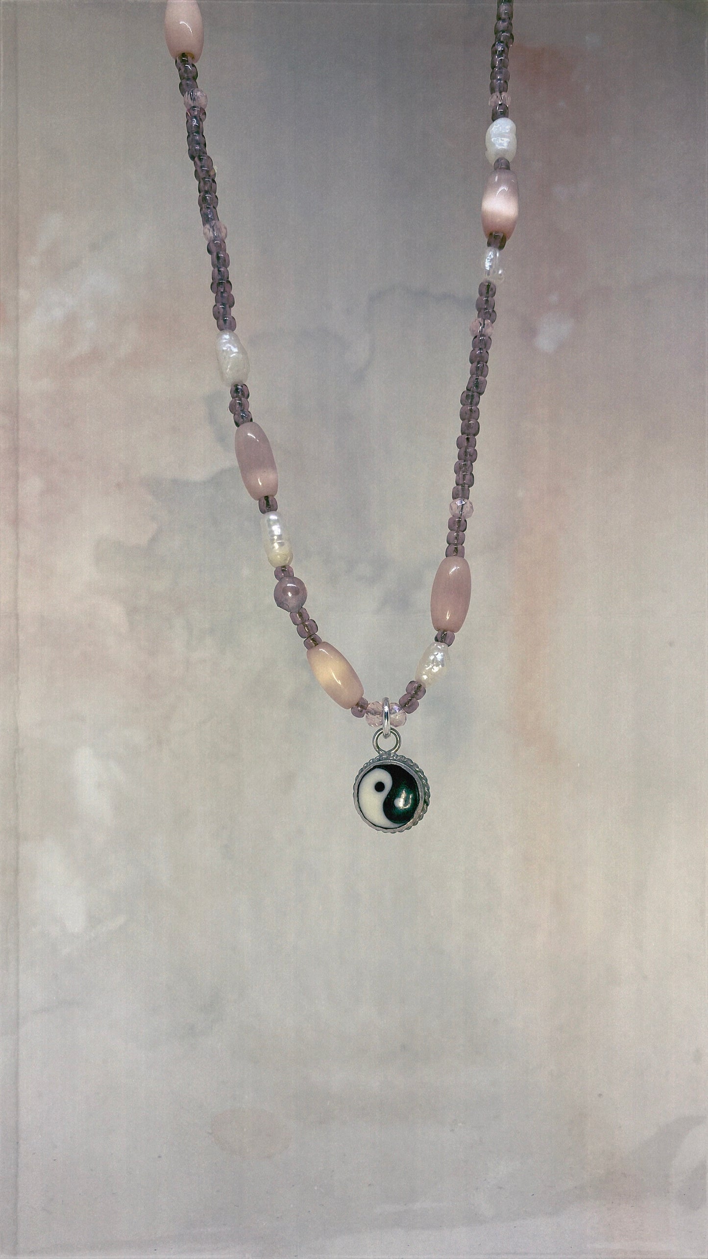 vintage silver enamel yin yang with moonglow lucite and freshwater pearl