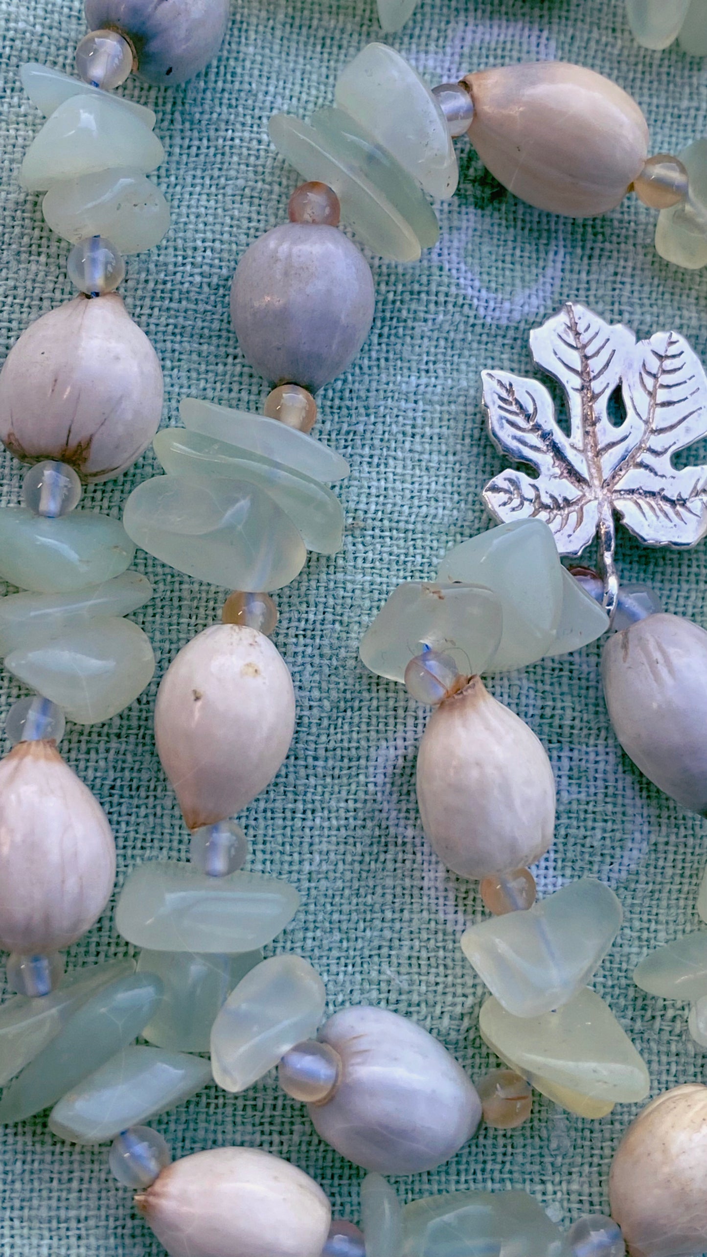 vintage grape leaf on jade, carnelian and job’s tear strand