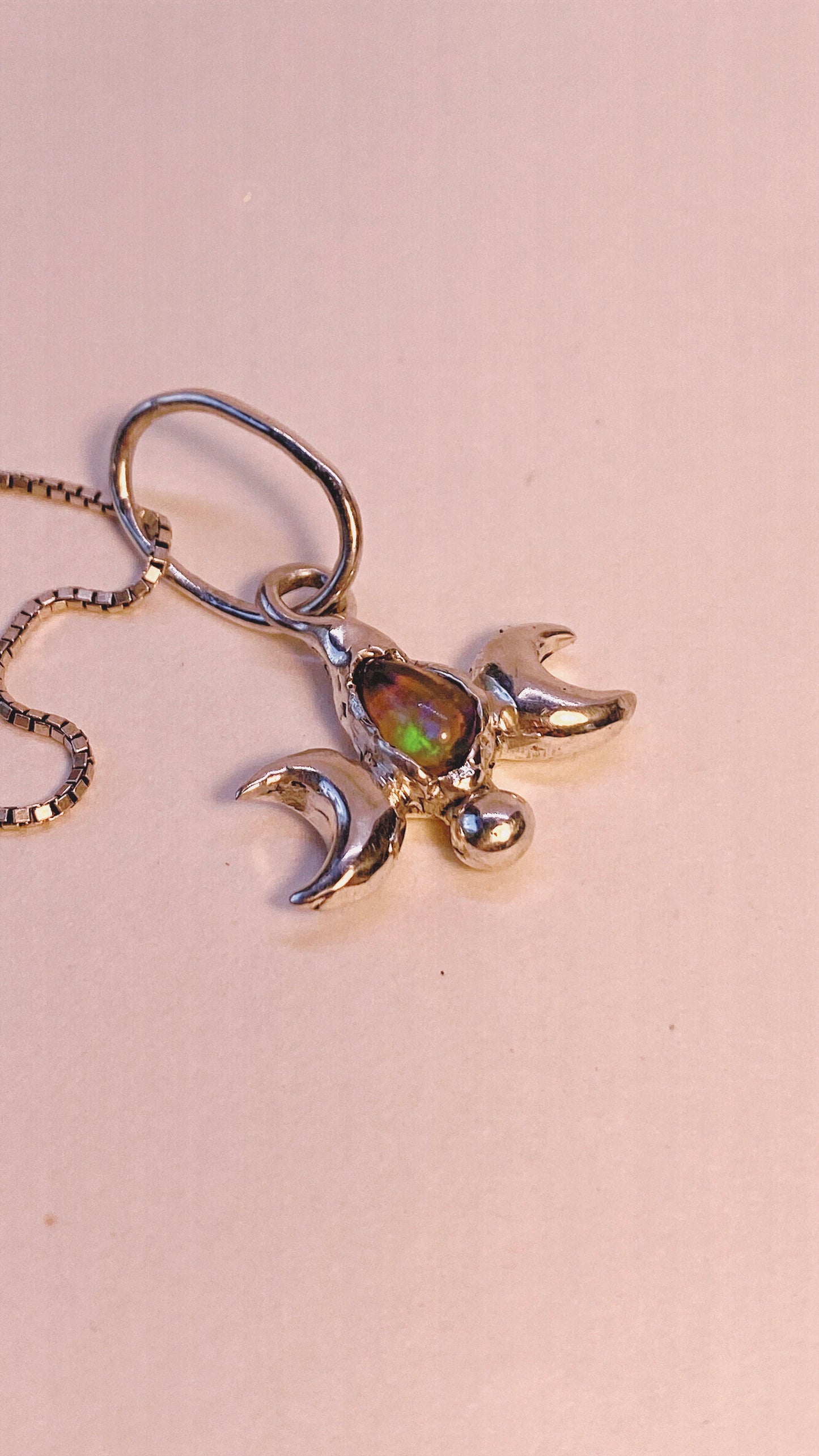 ꩜ volua ꩜ triple moon opal – unique silver triple moon opal necklace, handcrafted artisan design, mystical luxury heirloom gift