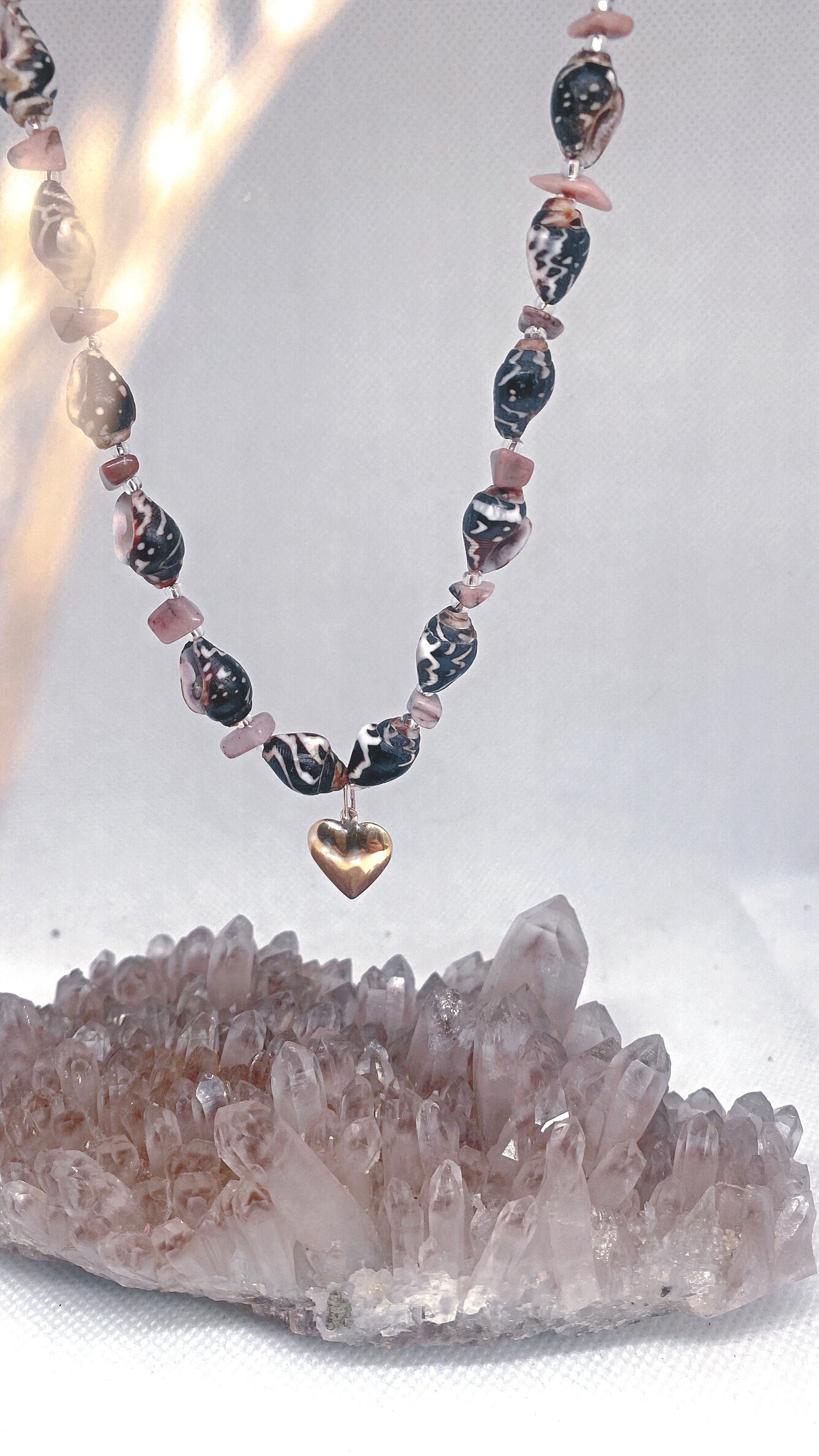 mottled mini shells and jasper with vintage gold plated silver heart