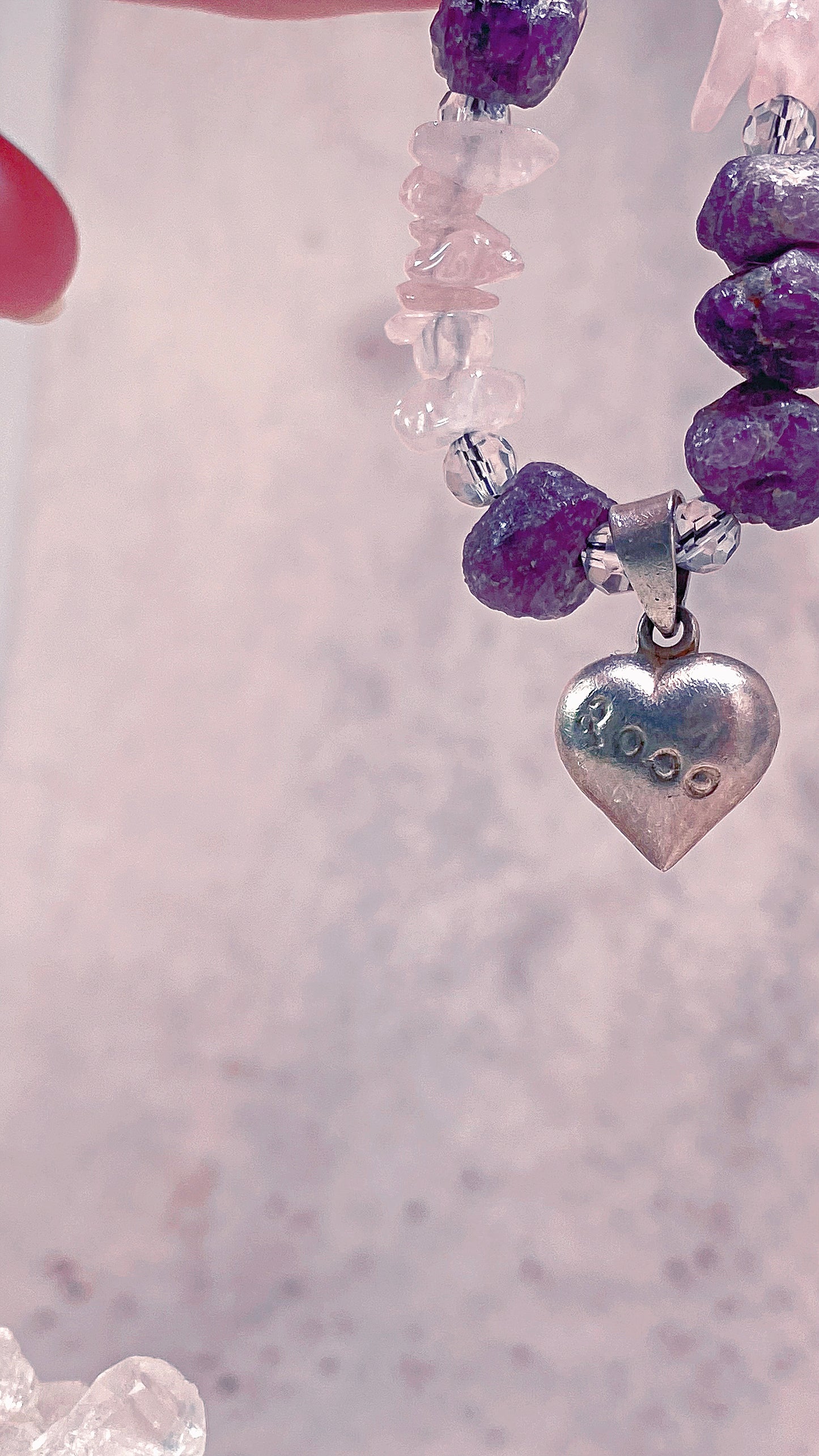 y2k vintage silver heart with rose quartz and rare, raw amethyst boulders
