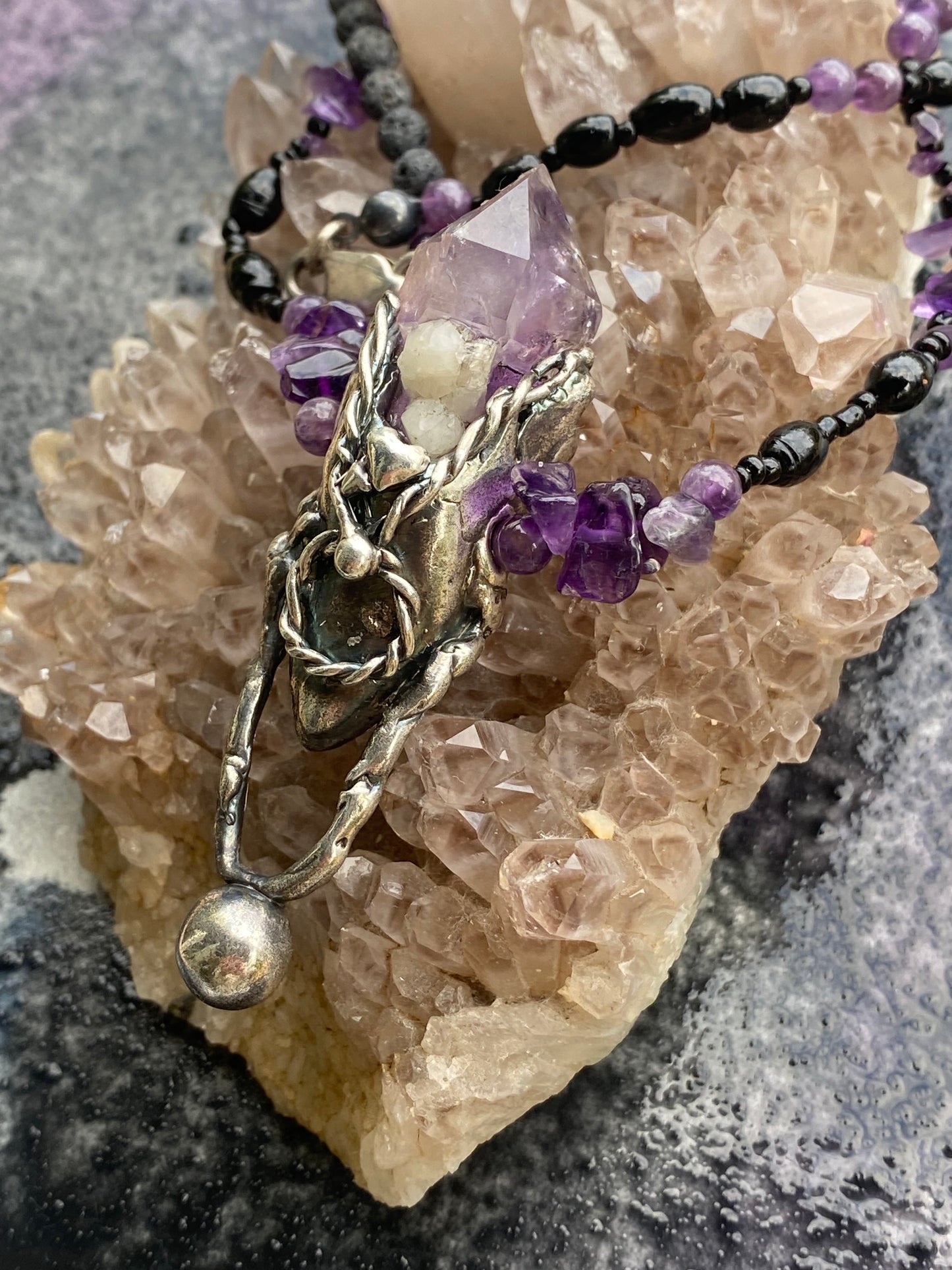 ꩜ volua talisman ꩜ amethyst pendulum on mineral and lava aroma bead strand