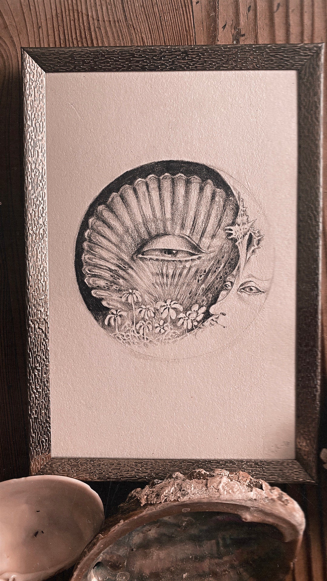 waxing crescent sea moon framed original drawing