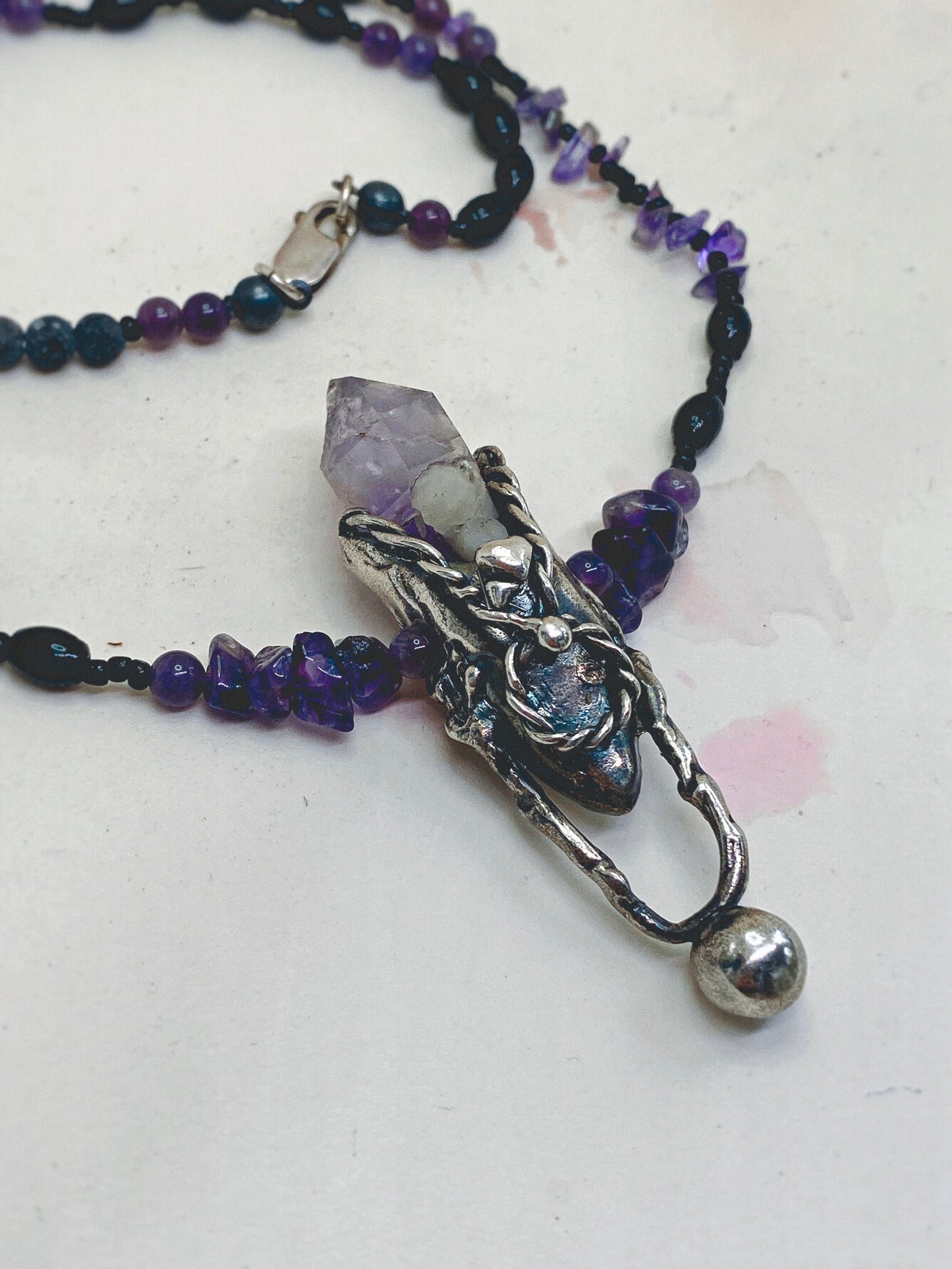 ꩜ volua talisman ꩜ amethyst pendulum on mineral and lava aroma bead strand