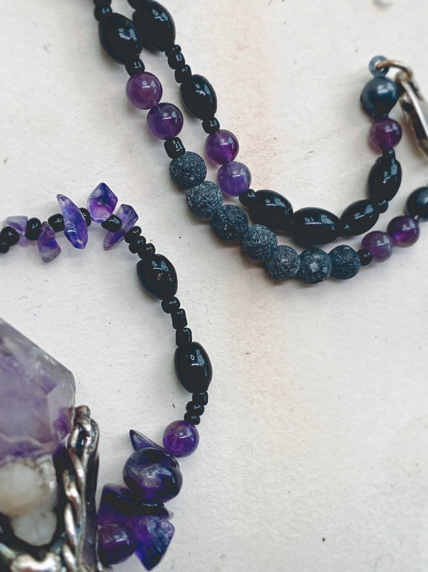 ꩜ volua talisman ꩜ amethyst pendulum on mineral and lava aroma bead strand