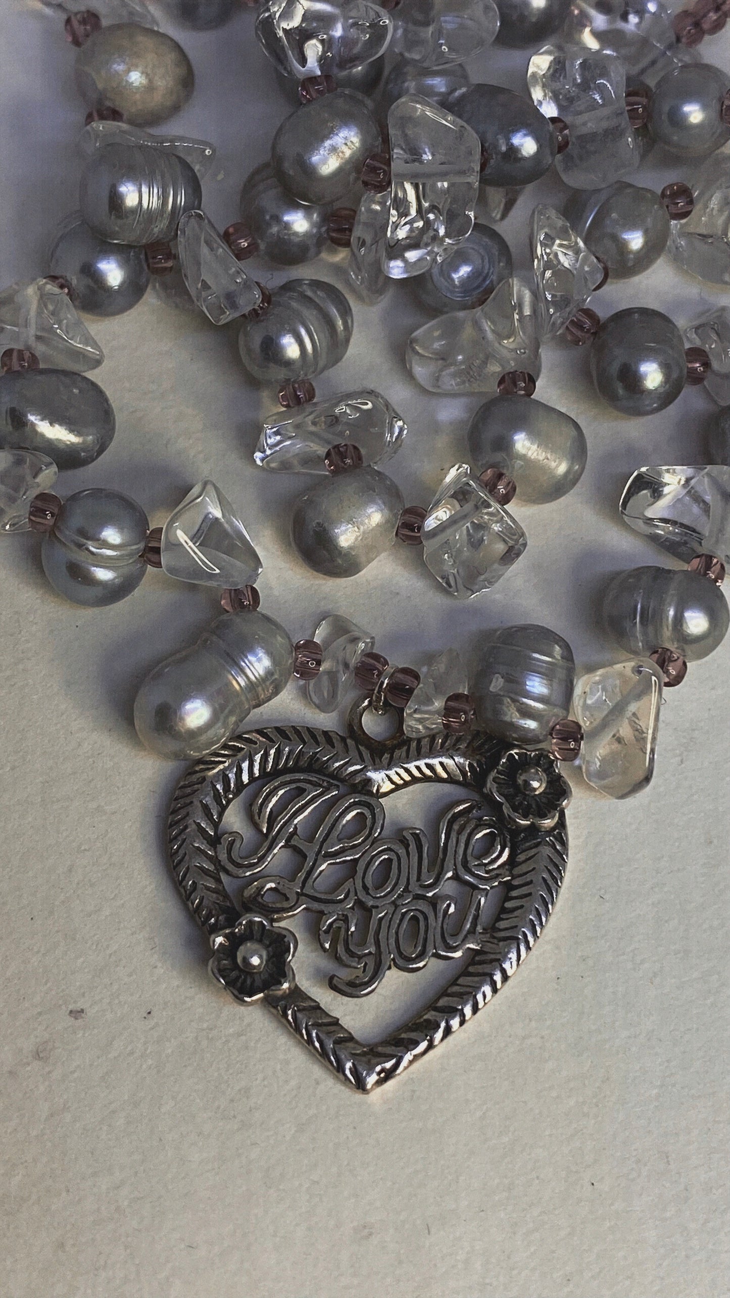 vintage 'i love you' silver heart on pearl and crystal