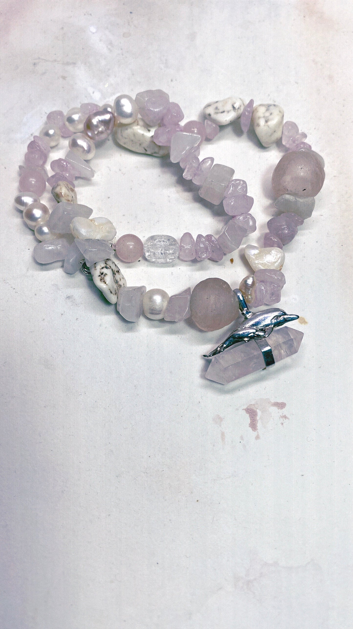 vintage silver dolphin mother and child pair with rose quartz on chunky, organic strand