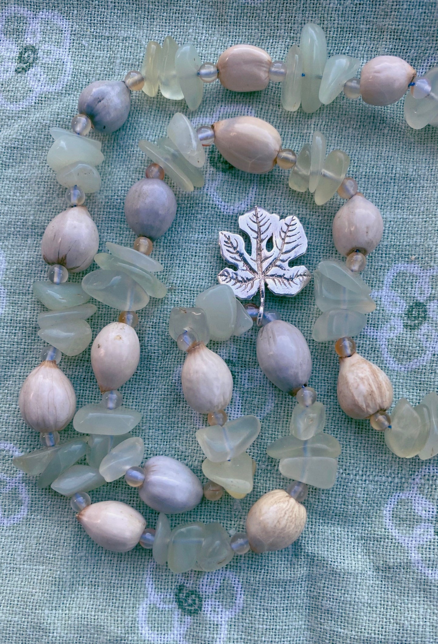 vintage grape leaf on jade, carnelian and job’s tear strand
