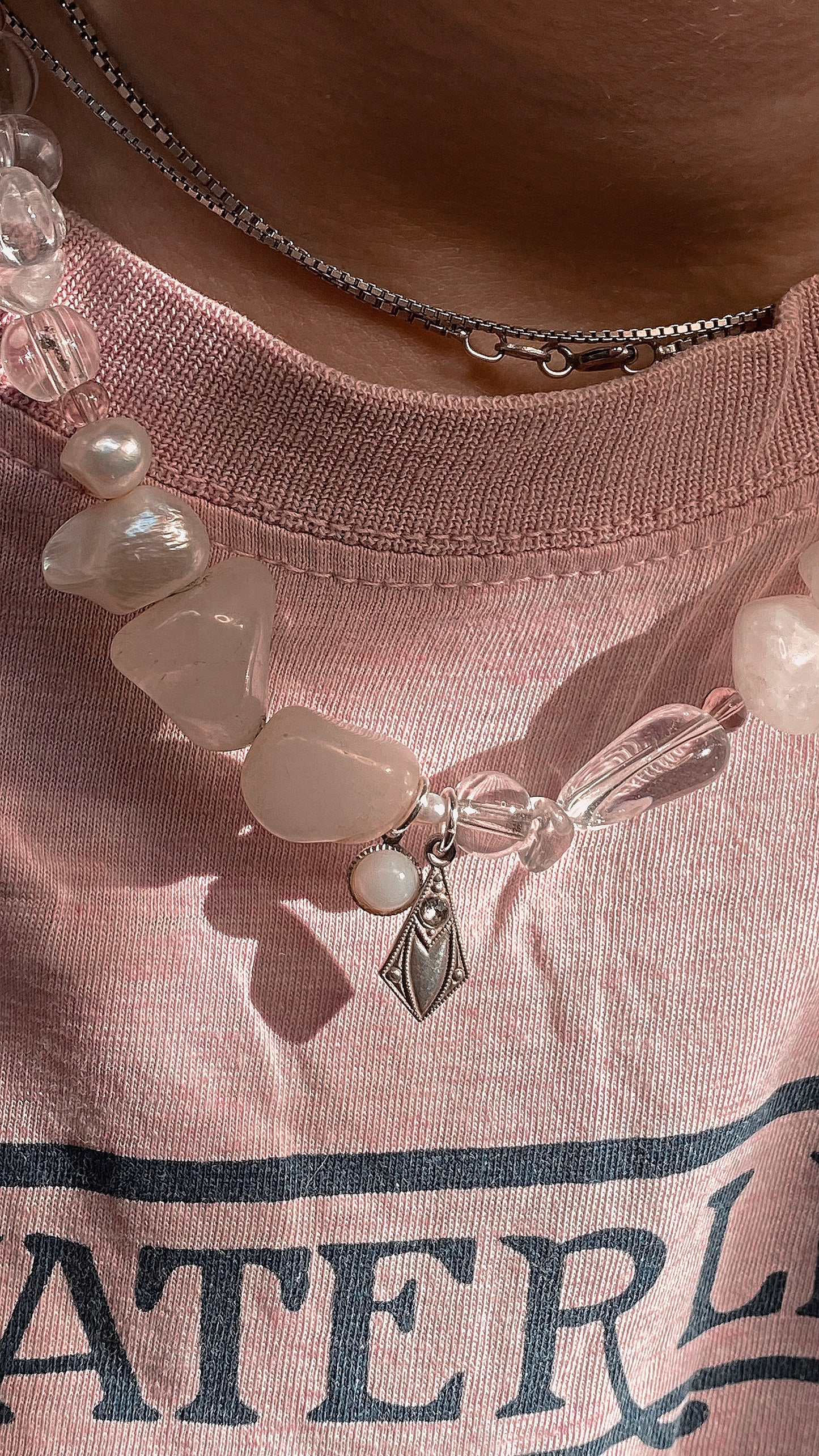 milky moonstone and vintage art noveau mini pendants on chunky pearl and gemstone strand