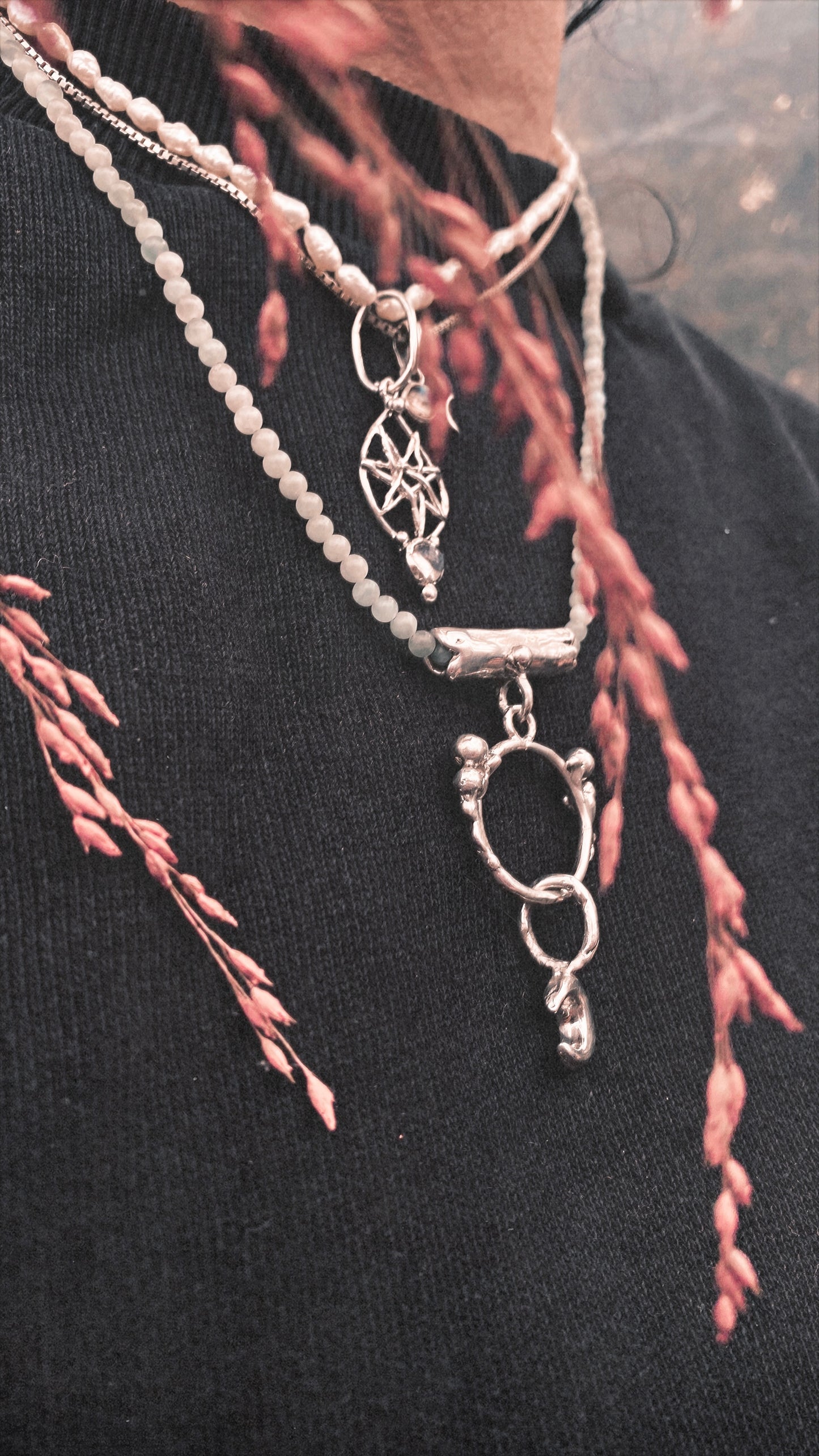 enter lunaria triple piece silver pendant {door nox} – one-of-a-kind moon motif pendant, handcrafted artisan jewellery, celestial luxury heirloom gift