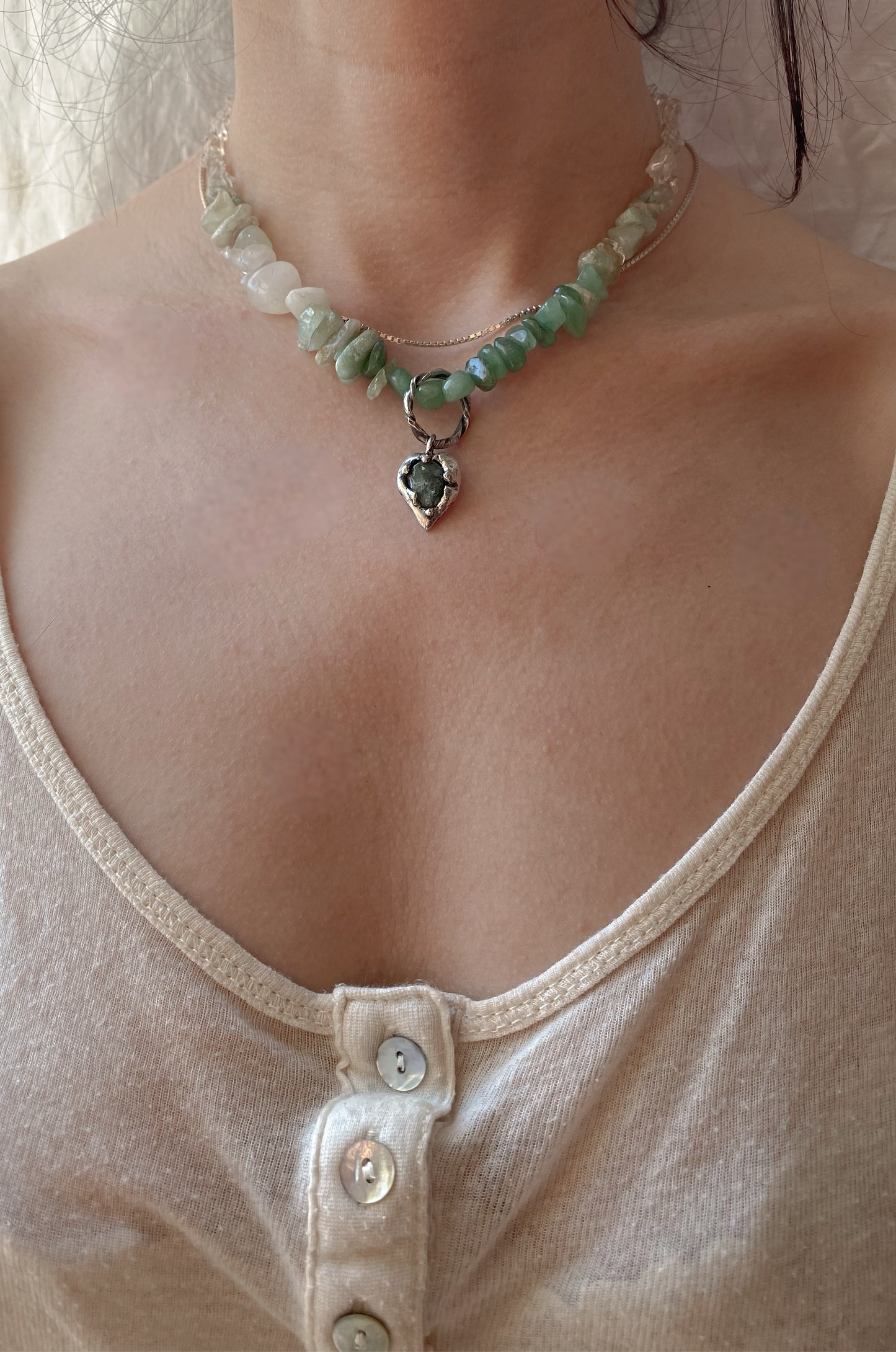 ꩜ volua ꩜ moss agate rainfall heart on gemstone gradient strand – handmade moss agate heart necklace with recycled silver and ethical stones, unique artisan gift